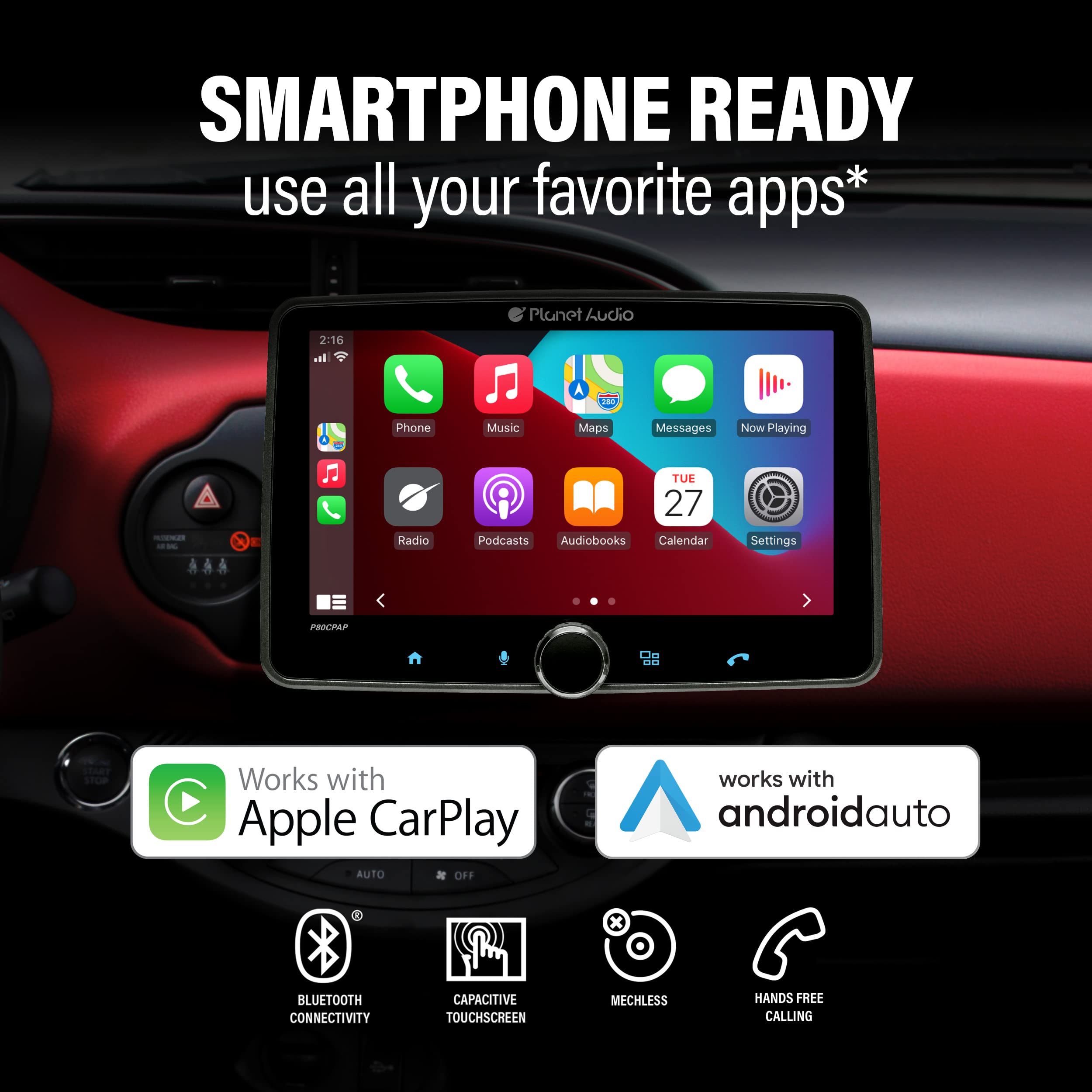 Planet Audio P80CPAP Car Stereo - Apple CarPlay, Android Auto - Single Din, 8 Inch Touchscreen, Bluetooth, No CD DVD Player, AM/FM Radio Receiver, USB