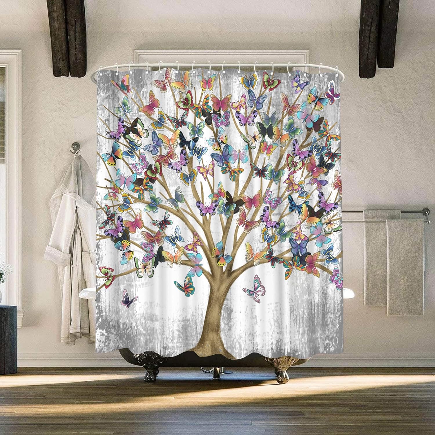 FuShvre Butterfly Shower Curtain Fabric Tree of Life Bath Curtain Fantasy Bathroom Decor Hooks Included 72" x 72"