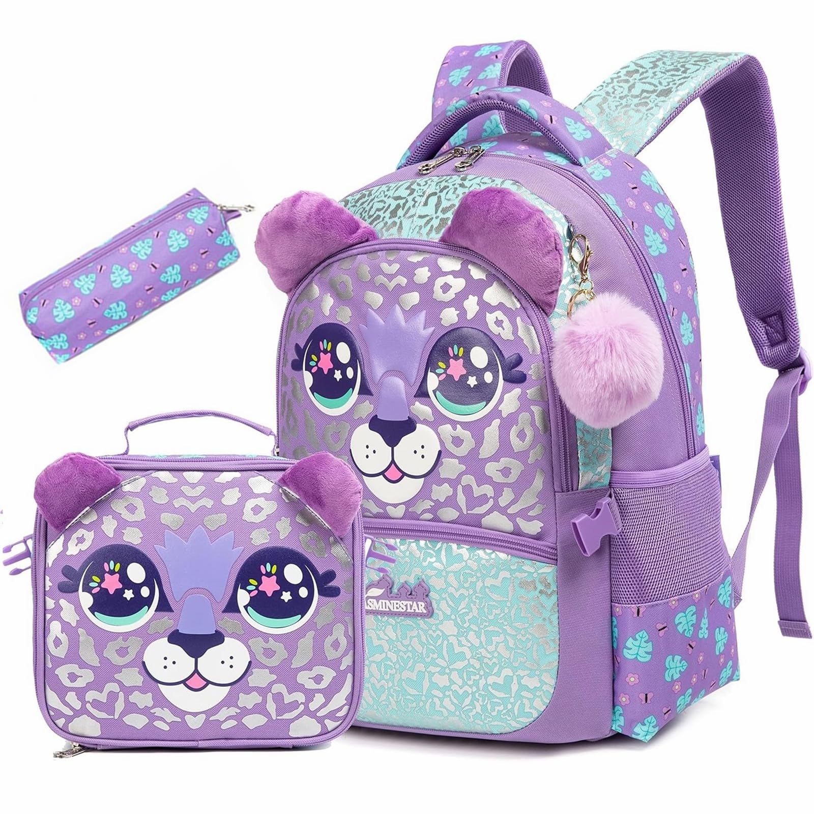 Danfimy Animal Print Backpack Set for Girls Cute School Bookbag for Elementary Students Ages 6-12 Lightweight Backpack with Lunch Box Pencil Case Back
