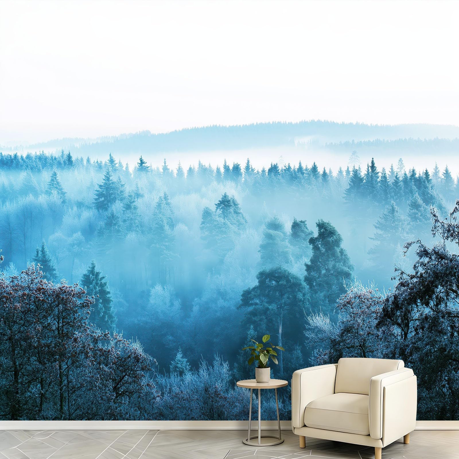 Générique Panoramiczna tapeta las sosny mgła horyzont 300 x 210 cm (szer. x wys.) plakat ścienny 3D, dekoracja ścienna premium, fotograficzny zimny odcień projekt do salonu, sypialni i pokoju