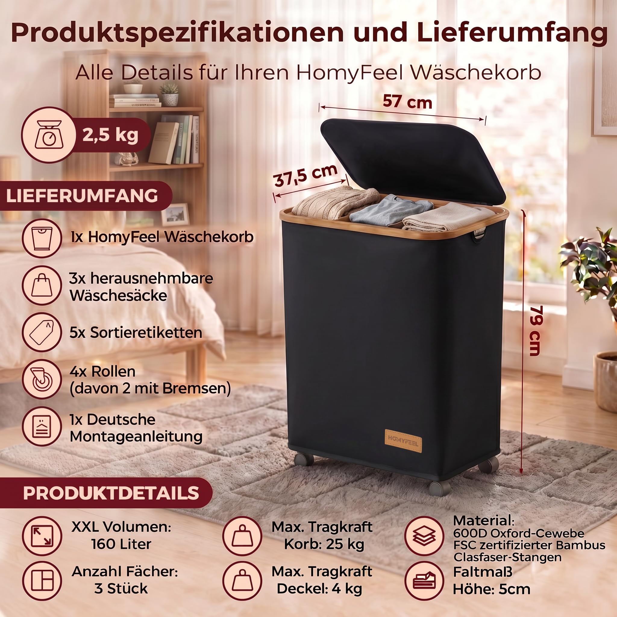 HomyFeel - Wäschekorb 3 Fächer rollbar, 160L Wäschesammler mit Deckel, Wäschesortierer groß, Oxford Gewebe, herausnehmbarer wäschesack, Wäschebox auf Rollen, Griffe aus Bambus, 57x37,5x79cm, Schwarz
