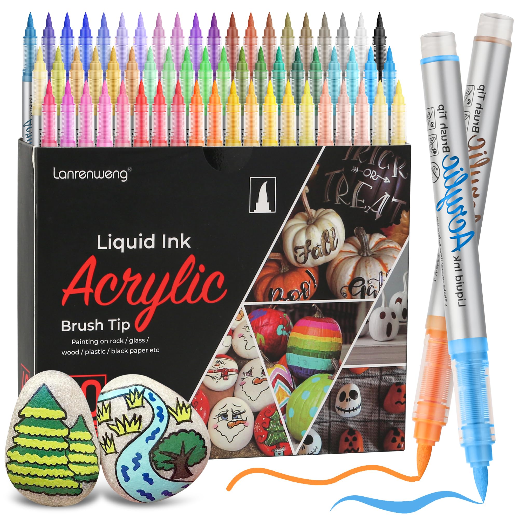 LANRENWENG 60 Colors Acrylic Paint Pens Markers,Premium Acrylic Paint Pens for Halloween Pumpkin Painting,Rock,Canvas,Wood,Glass,Ceramic,Fabric,Quick