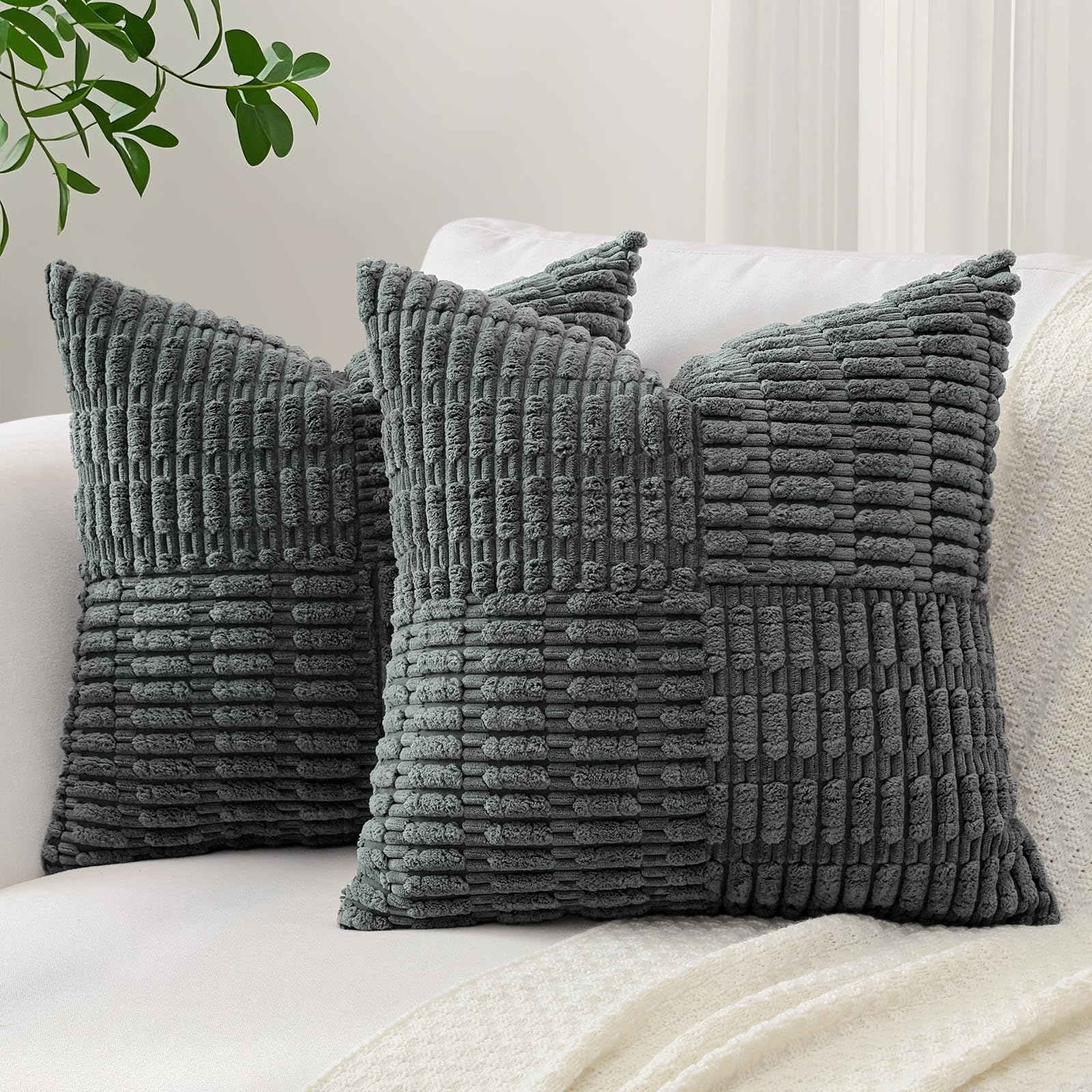 Sungeek Set of 2 Decorative Cushion Covers 40 x 40cm Soft Corduroy Striped Cross Patchwork Textured Pillow Cases Boho Farmhouse Square Throw Pillow Covers for Sofa Bed Patio 16x16 Inch, Dark Grey