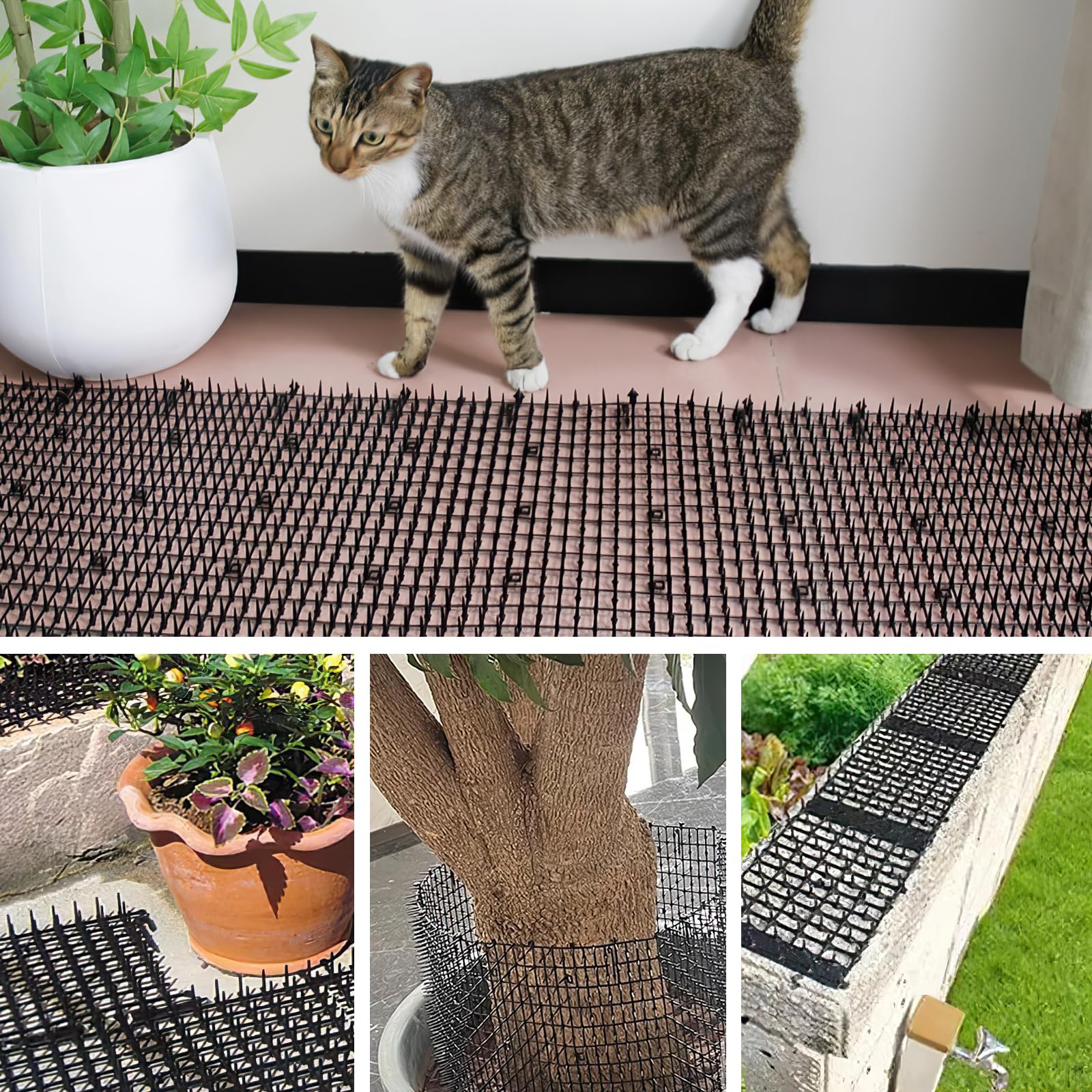 Dornengitter Gegen Katzen 30 x 400cm, Katzenabwehrmatte mit Spikes Tiervertreiber, Katzen Abwehr Aussen mit 8 U-förmigen Heringen, Katzenabwehr Garten Tierabwehrmatten für Außen- und Innenbereich