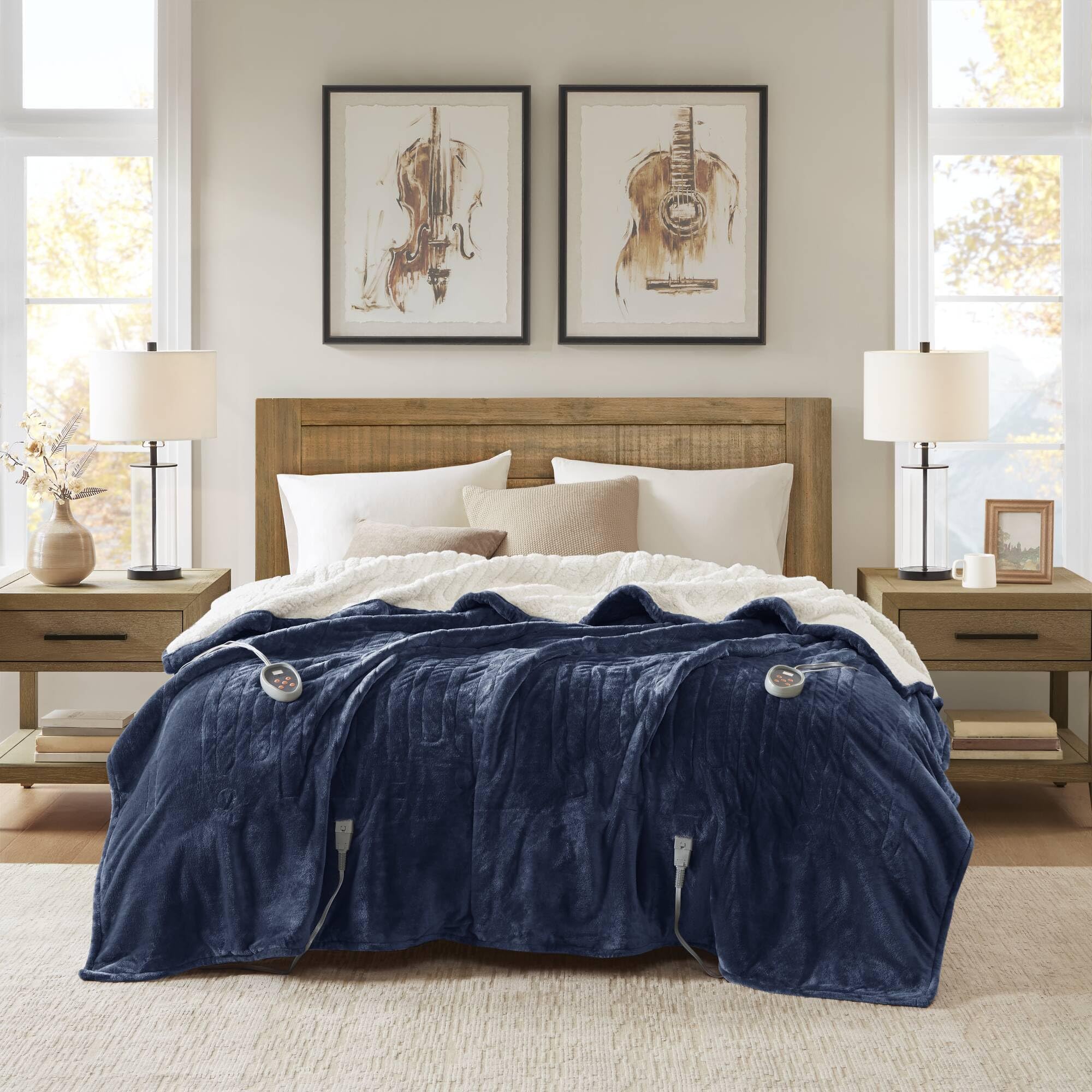 woolrich heated plush to berber electric blanket throw ultra soft knitted, super warm and snuggly cozy with auto shut off and multi heat level setting controllers, king: 100x90, indigo (wr54-1762)