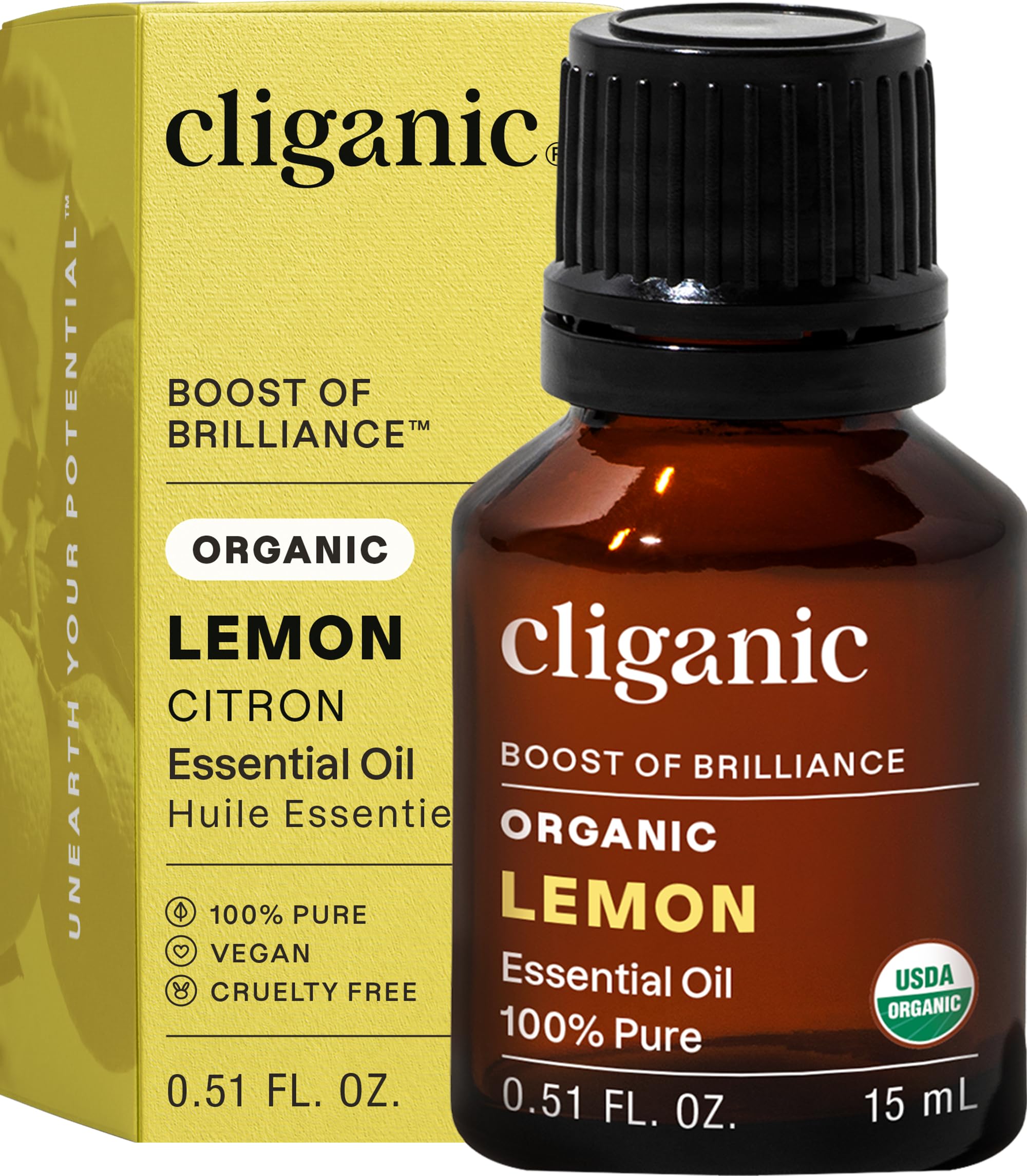 Cliganic Organic Pure Lemon Essential Oil 0.51 Fl Oz – 100% Natural Aromatherapy for Diffuser, Massage, Cleaning & Relaxation – Fresh Citrus Scent,