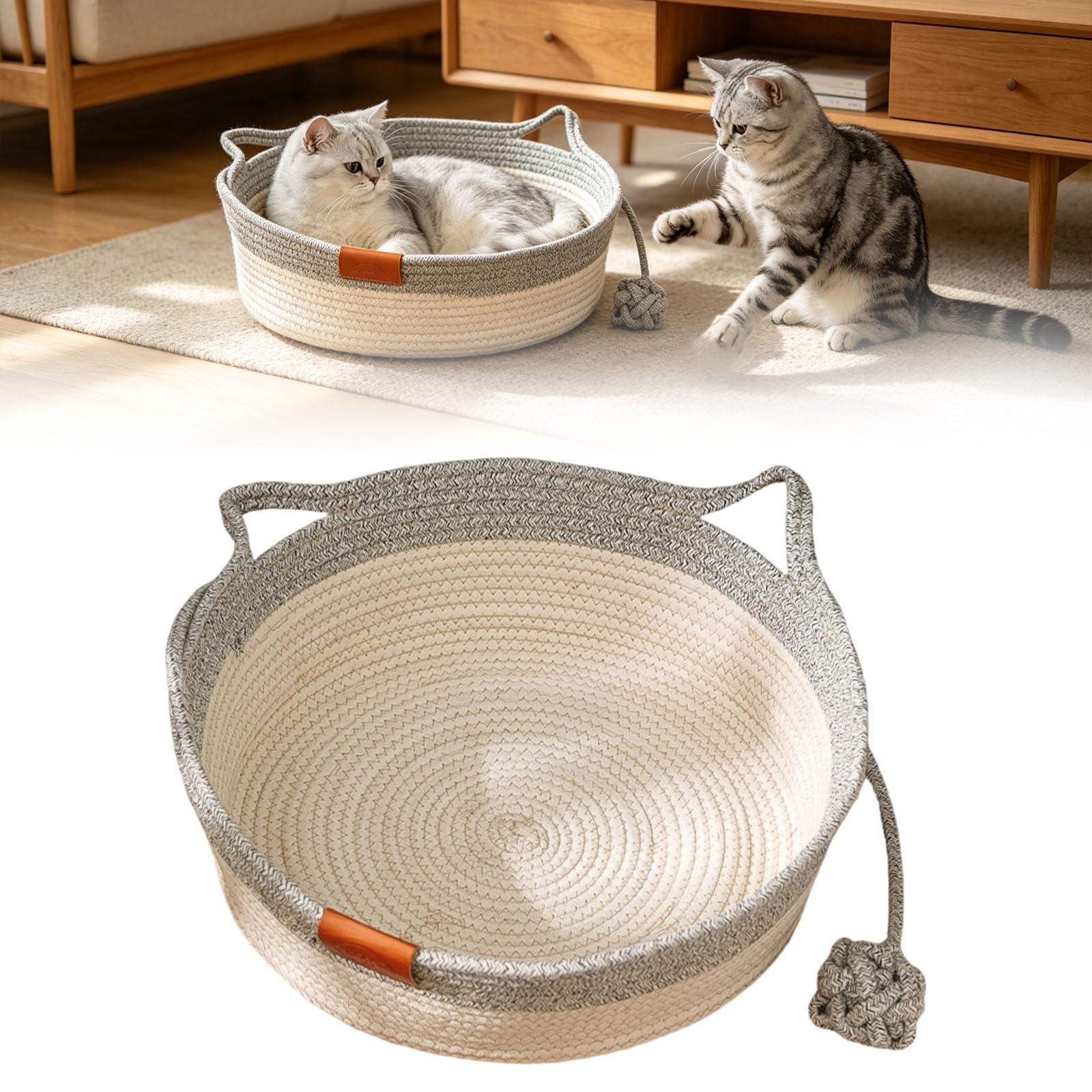 Cotton Woven Cat Bed Basket, Cat Bed with Toy Tail Claw-Proof Woven Cotton Rope Cats Cave, Washable Woven Sleeping Nest Scratcher Beds for Kitten Puppy All Season Universal (Grey-M)