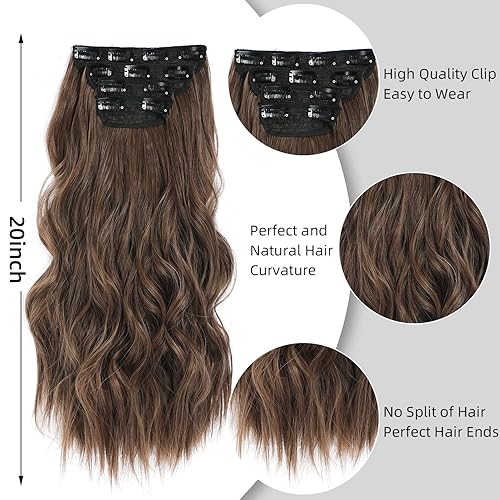 Miniatura 3 de LANYI Extensiones de cabello con clip, 4 extensiones de cabello castaño para mujer de cabeza completa, 20 pulgadas de largo, ondulado, fibra gruesa,
