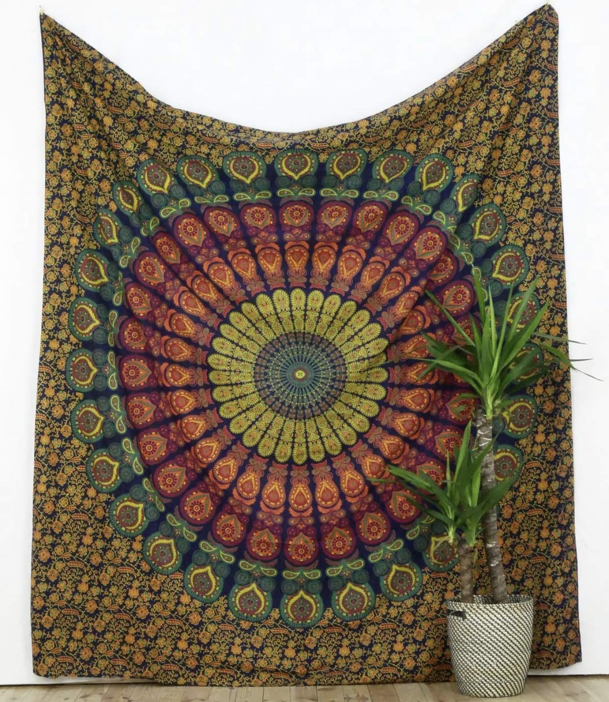 Original Kikan Dark Green Indian Tapestry Mandala Wall Hanging Bohemian Decor Bedspread Multi Coloured Cotton Hippie Boho Gypsy Sheet Hand Printed