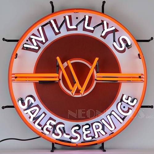 Neonetics Jeep Willys Sales Service NEON Letrero con tubos de vidrio real, 24 pulgadas de diámetro, 5JEEPW