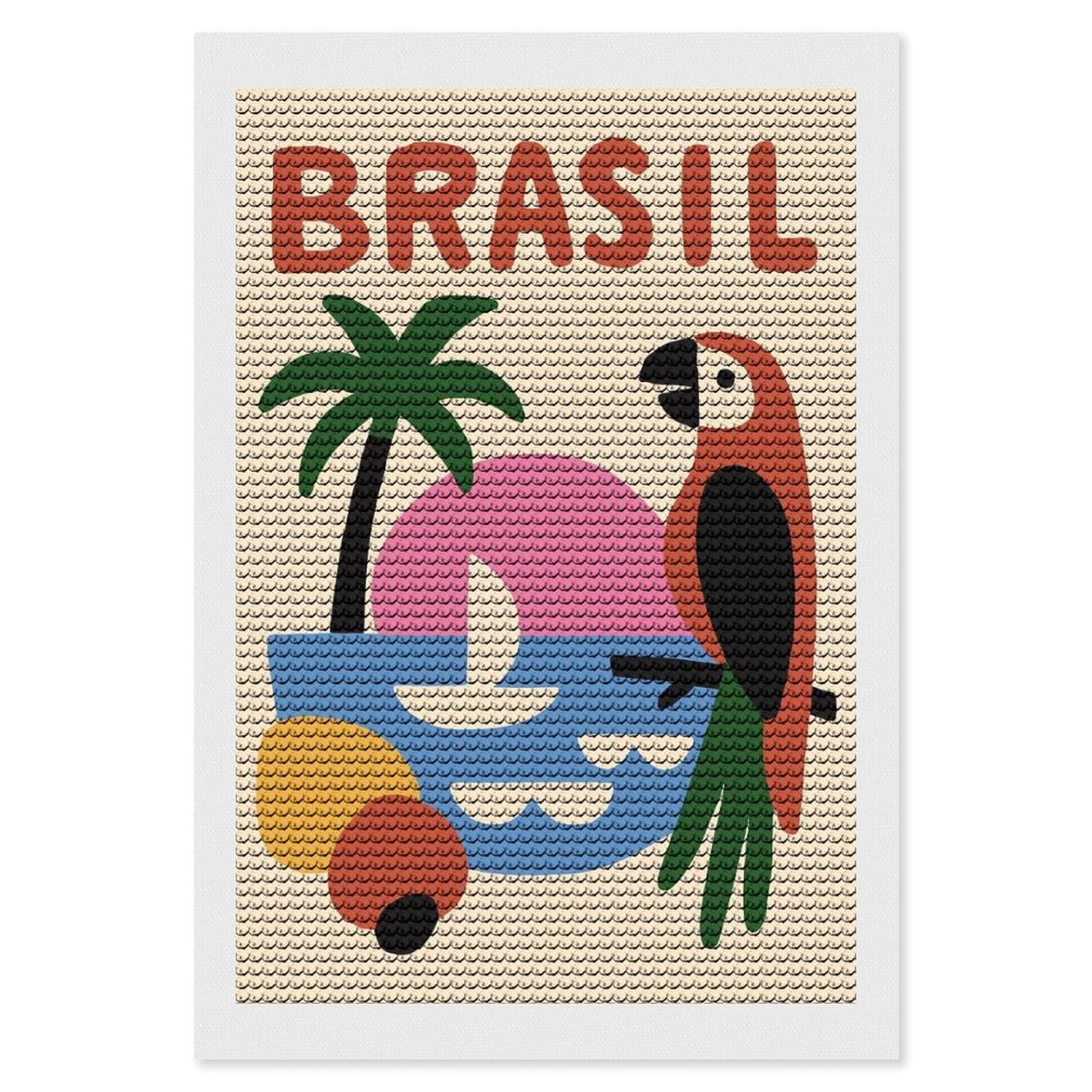 Junmoney Brasil Illustration with Parrot and Beach Diamond Art Kit 8"x12", Creative Leisure Activity, Complete Accessories, Vintage Style Decor, for Women