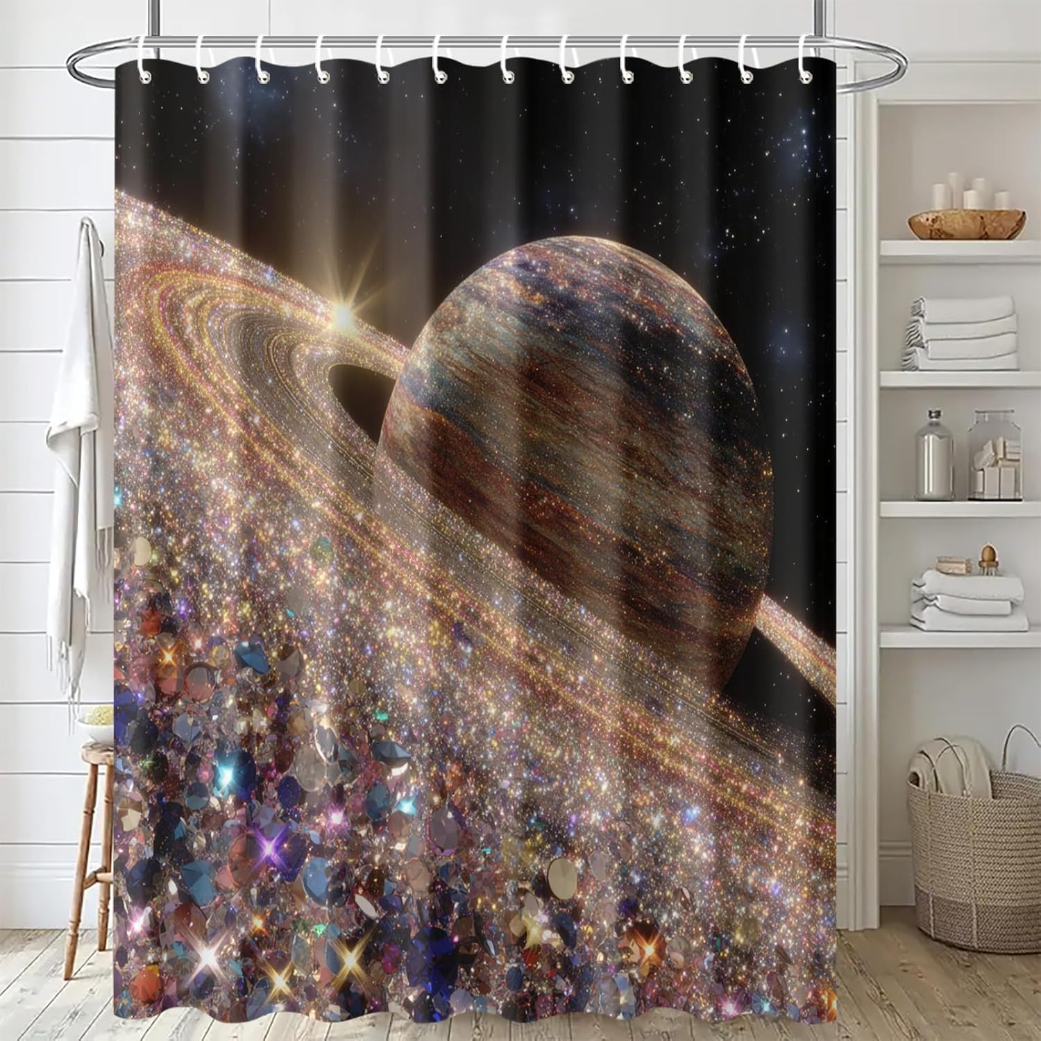 Sparkling Planet Shower Curtain 72x72 Inch with Hooks Cosmic Space Rings and Glitter Galaxy Design Fabric Bathroom Decor with Colorful Crystals for Modern Bathtub