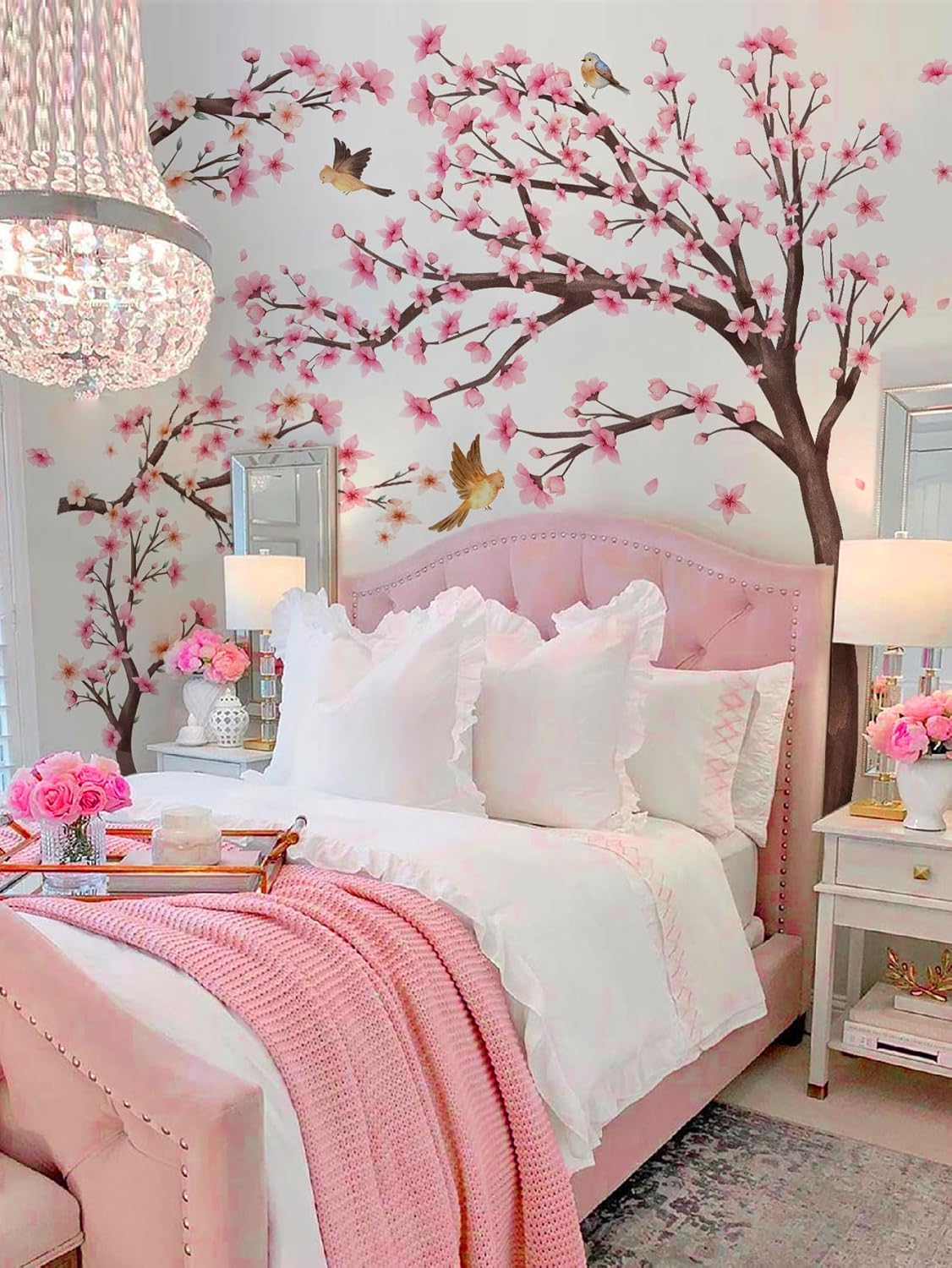Pink Cherry Blossom Tree Wall Stickers -Large Branch Flower Bird Peel & Stick Removable Wall Decal for Sofa Bedroom Living Room Wall Decor,109 cm x 171 cm