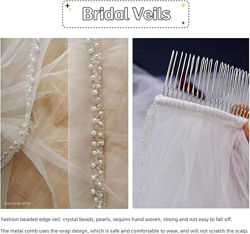 Miniatura 3 de Wedding Bride Veil 1 Tier Fingertip Length Pearls Crystal Beaded Edge Tulle for Bridal Veils with Comb