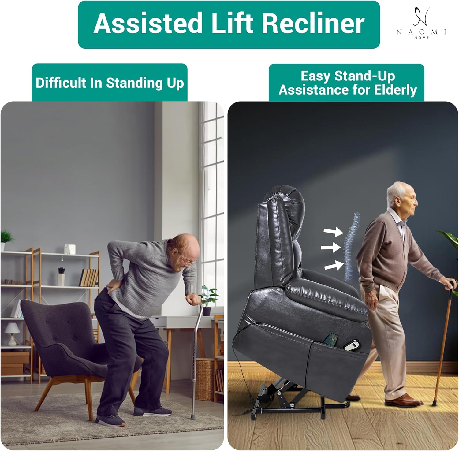 Naomi Home Whitney Power Lift Recliner Chair for Elderly with Massage and Heat, Plush Backrest, Extended Leg Support, Built-in Cup Holder, Side Pockets, Easy Assembly, Electric Power Lift Chair