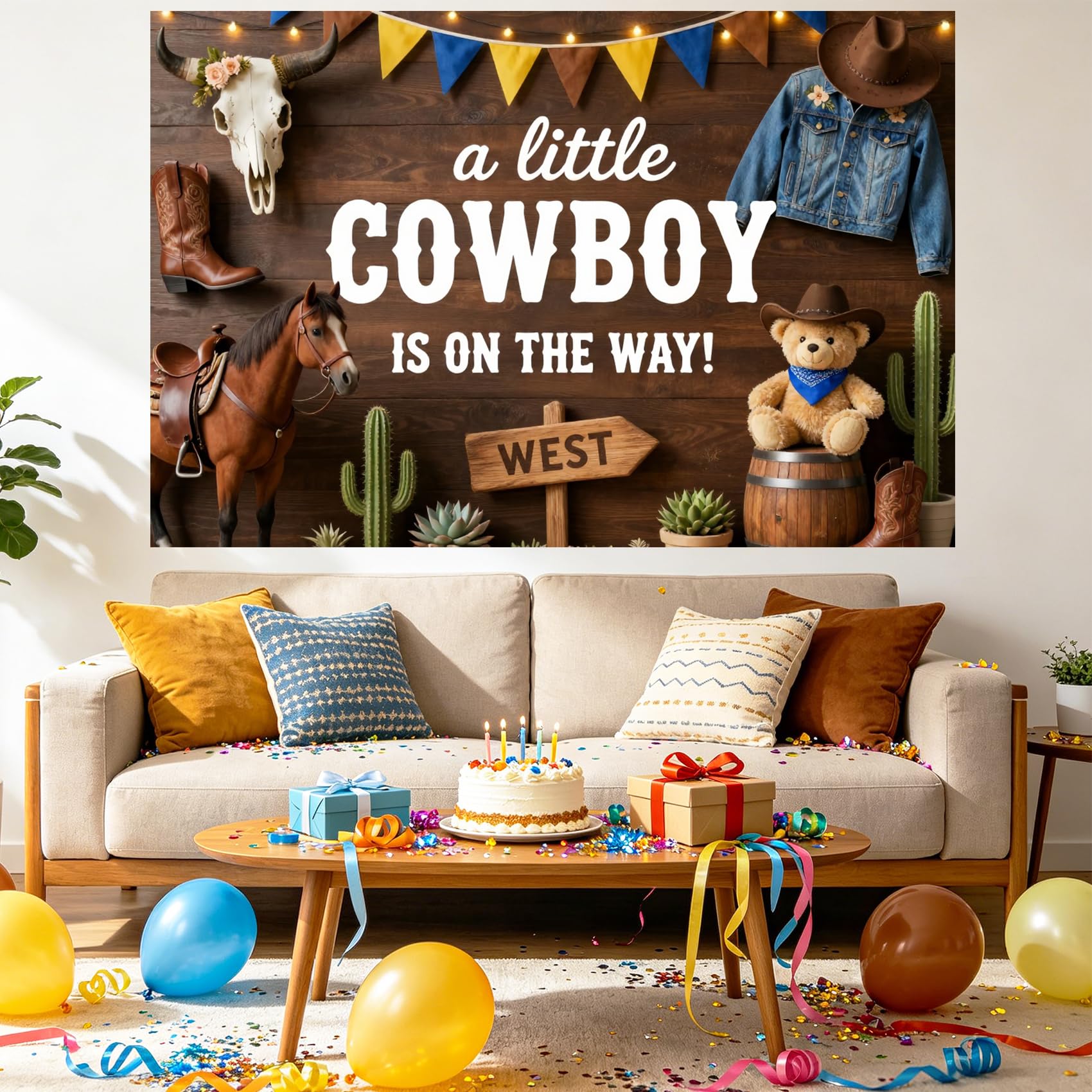6x3m Sfondo in legno per baby shower a tema cowboy, striscione per la festa Un piccolo cowboy sta arrivando, articoli per la rivelazione del sesso del neonato in stile Far West,western