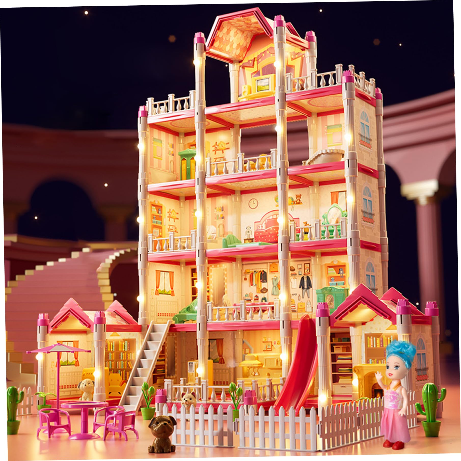 1 Juego de casa de muñecas de 5 Pisos, 14 Habitaciones, casa de muñecas de Lujo para niña, Castillo de Princesa DIY con muñeca, Cachorro, Muebles y Accesorios, Juguetes navideños de ensueño para niñ