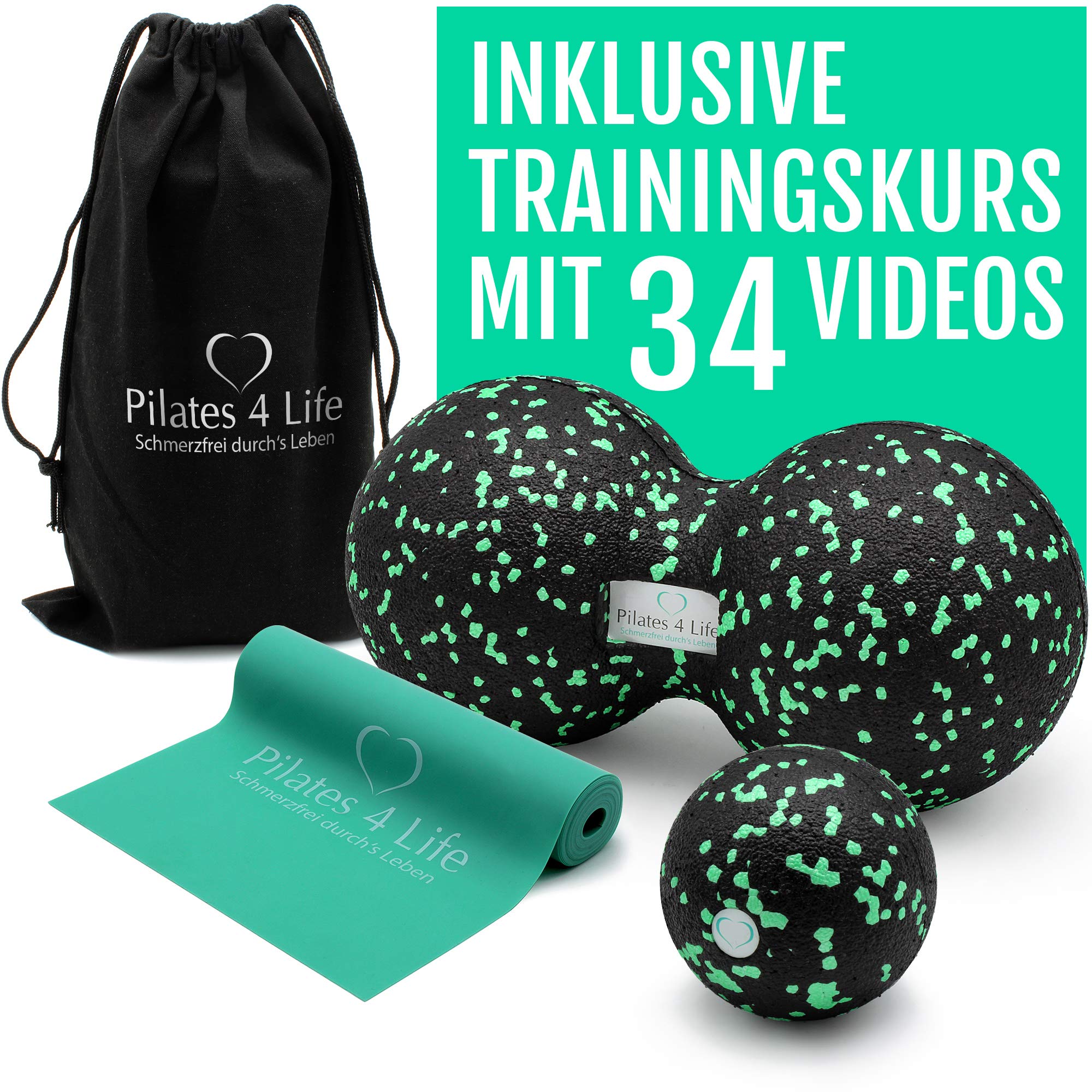 Premium Faszien Set - inkl. 95 Min-Videokurs für Einsteiger - hochwertiger Faszienball, Duoball+Fitnessband aus 100% Naturkautschuk