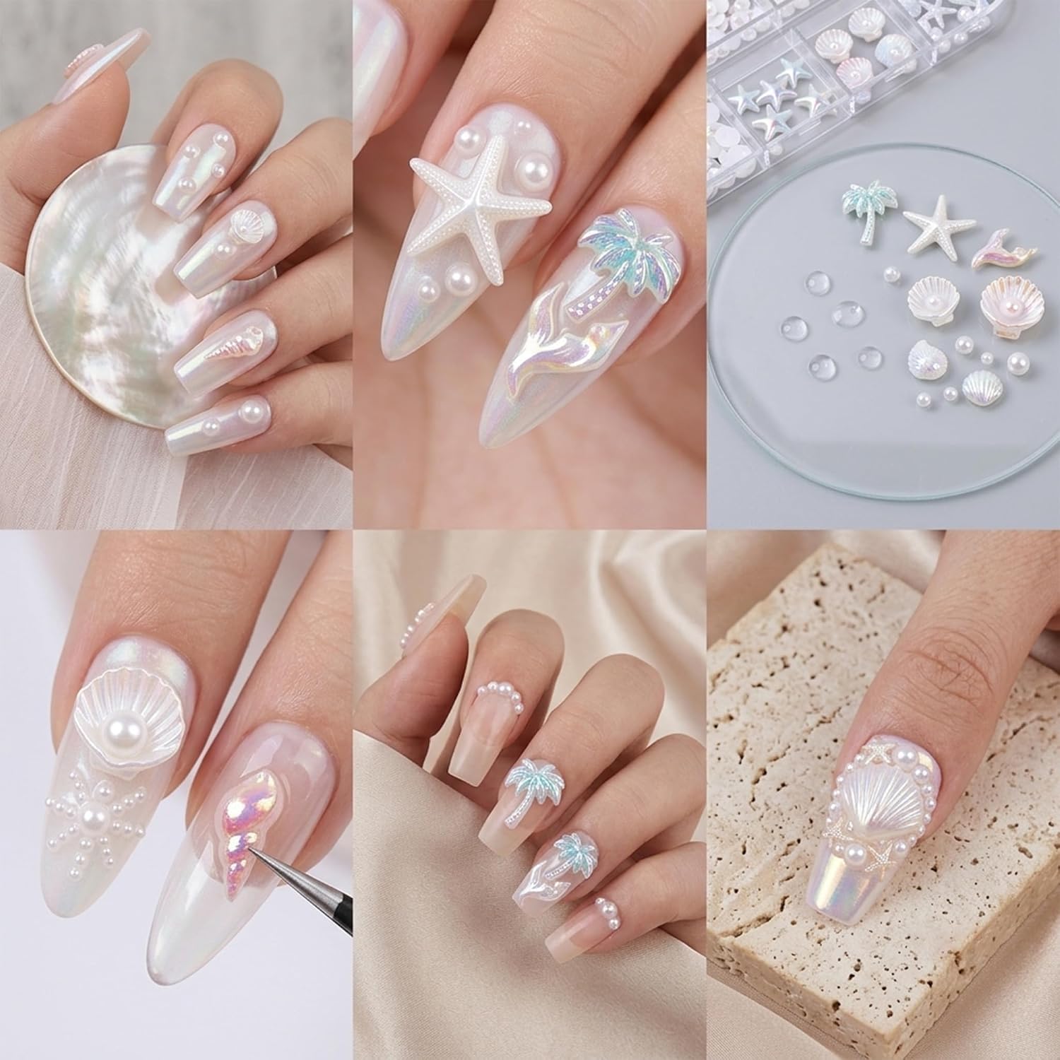 4 Boxes Nail Charms PCS, 3D Beach Ocean Sea Shell Starfish Gems for Nails