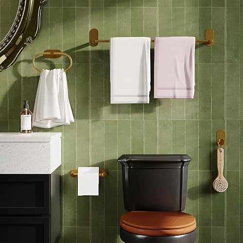Vista 3 de Toallero autoadhesivo para baño, acero inoxidable de 24 pulgadas y aleación de zinc, sin taladro, toallero resistente para colgar en la toalla
