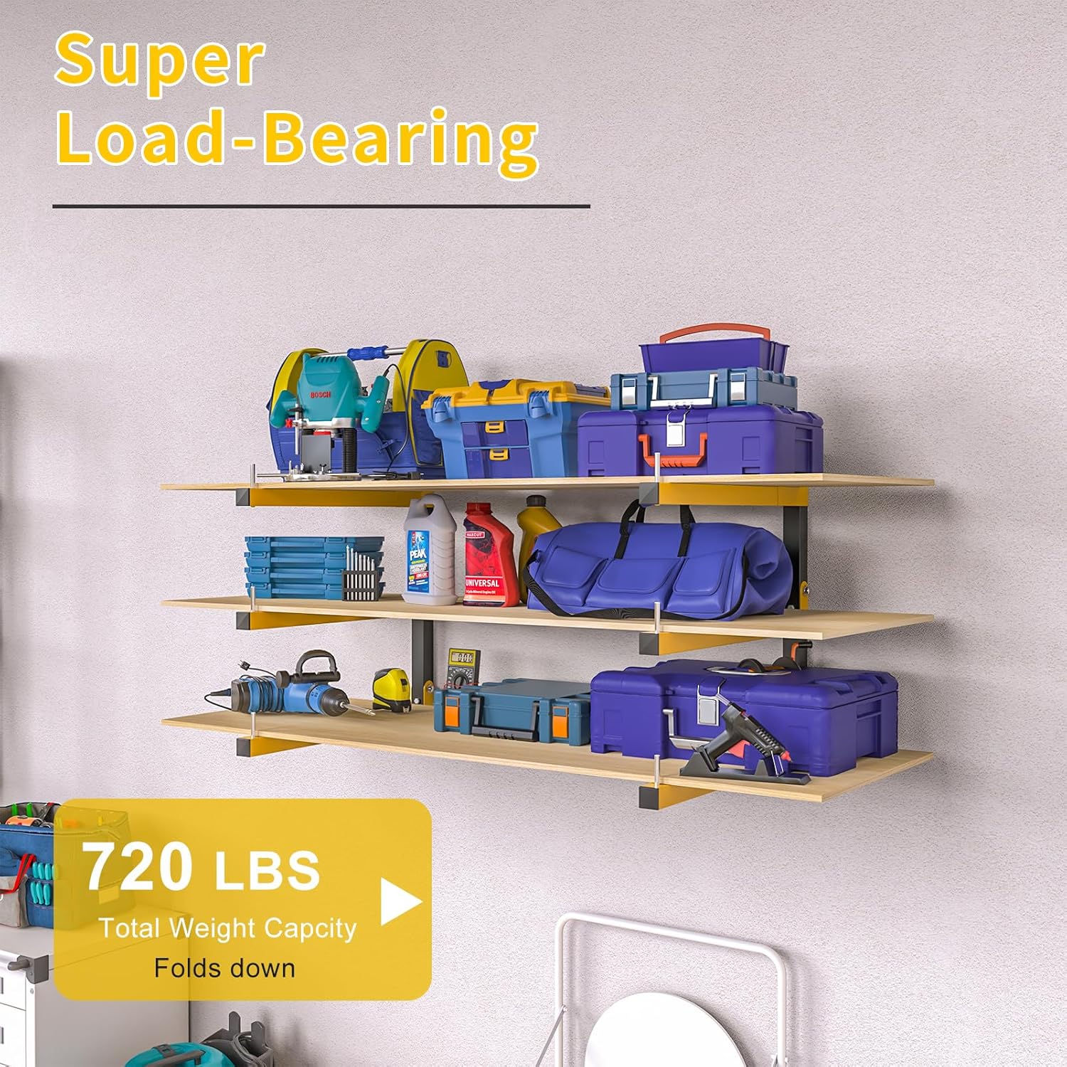 4 PACK Lumber Storage Rack Wall Mount Wood Organizer Storage Racks Heavy Duty Shelf Brackets with 6-Level System 720 LB Sturdy Folding Garage Wall Shelving, Snowboard Rack for Indoor and Outdoor - Image 4