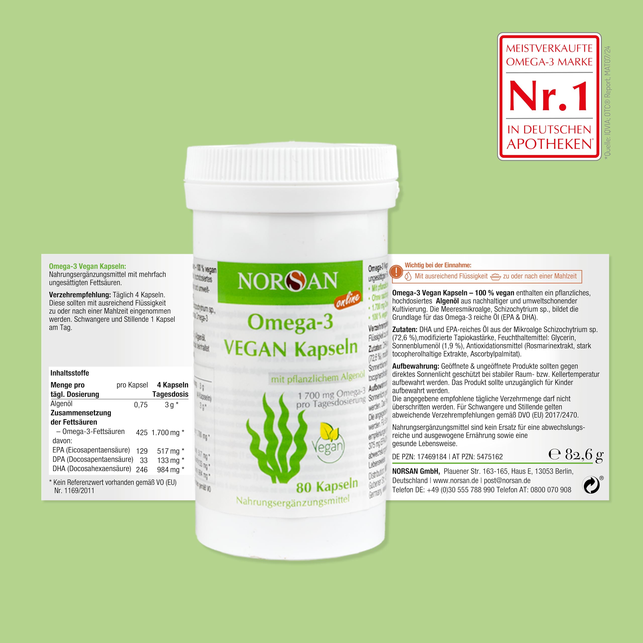 NORSAN Premium Omega 3 Vegan Kapseln 2er Pack (2x 80 Stück) - 1.700mg Omega 3 pro Tagesdosis - vegane Algenöl Kapseln mit hohem EPA- & DHA-Anteil - Algenöl aus nachhaltigem Anbau