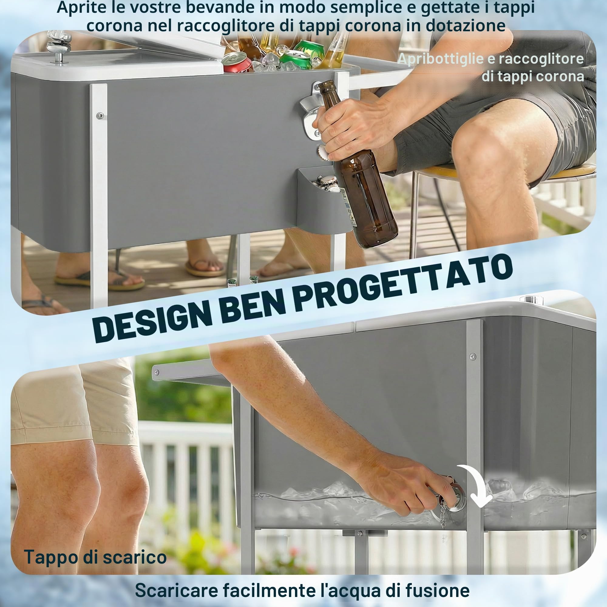 Outsunny Carrello refrigerante con capacità di 56 l, con ruote, apribottiglie, ripiano inferiore, manico carrello per bevande, refrigeratore, portabicchieri per feste all'aperto e barbecue, grigio