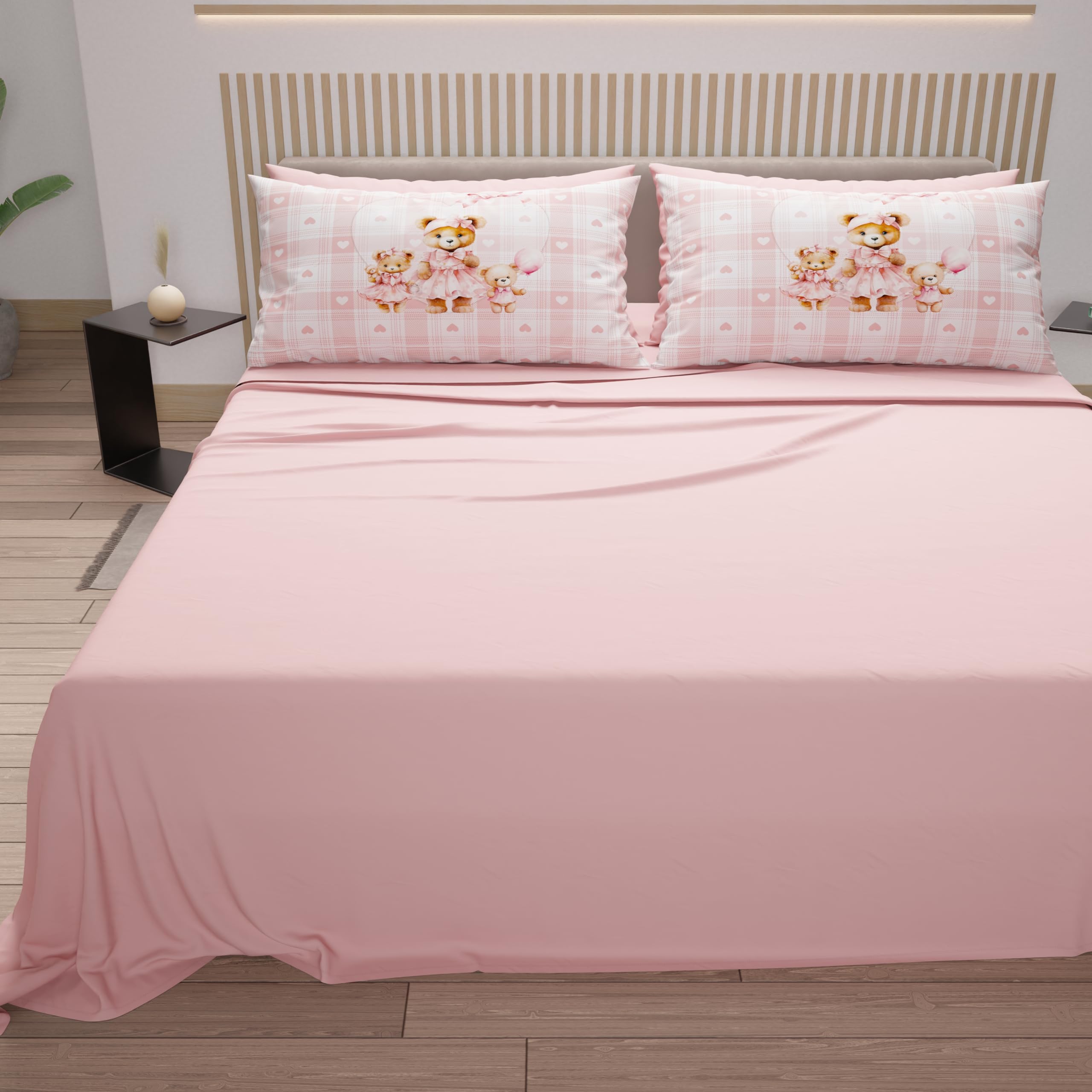 PETTI ARTIGIANI ITALIANI - Sábanas de algodón con Fundas de Almohada de Estampado Digital, tamaño Queen francés, j y sábana Bajera con Accesorios, Teddy Love Rosa empolvado, 100%