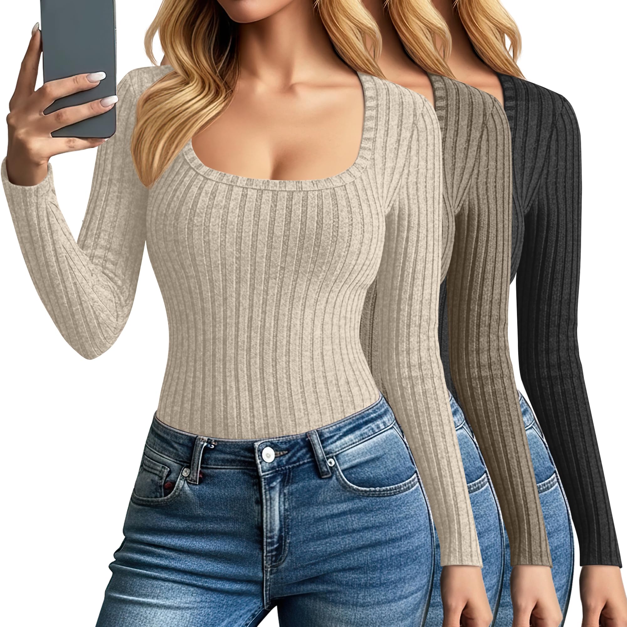 3 Pack Womens Long Sleeve Tops Scoop Neck Ribbed Knit Shirt Slim Fit Pullover Sweater Casual Basic Thermal