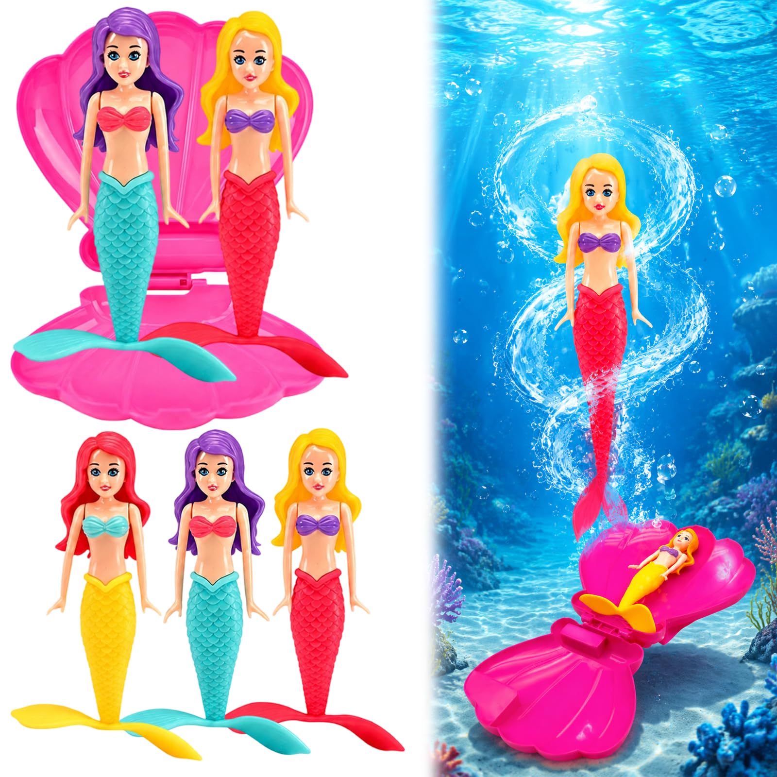 JBLJDWD 4 Pack Mermaid and Shell Set for Pool, Swimming Pool Diving Games, Underwater Sink & Rise Figures for Bath Tub in Red Blue Yellow with Pink Shell