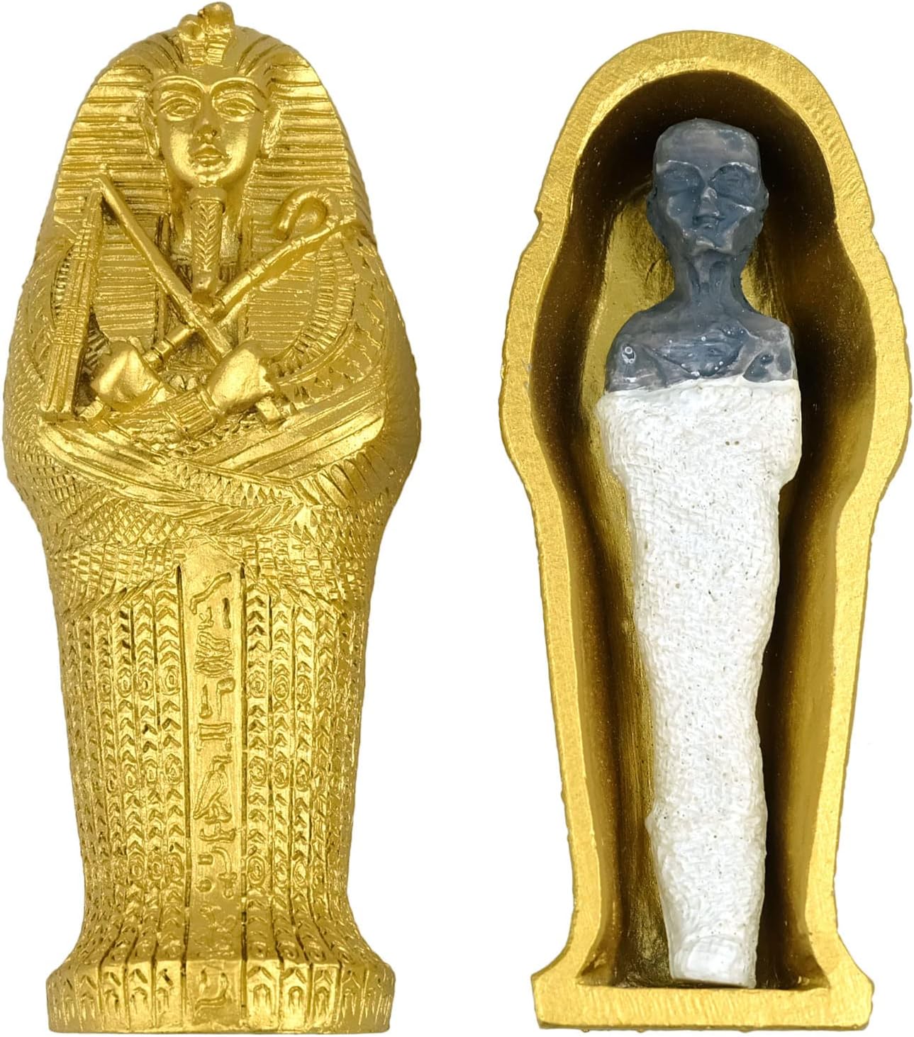 TRANSGOOD 3.5" Egyptian Mummy Pharaoh Sarcophagus w/Mummy Figurine Home Decor Collectible Egypt Souvenirs(Gold)