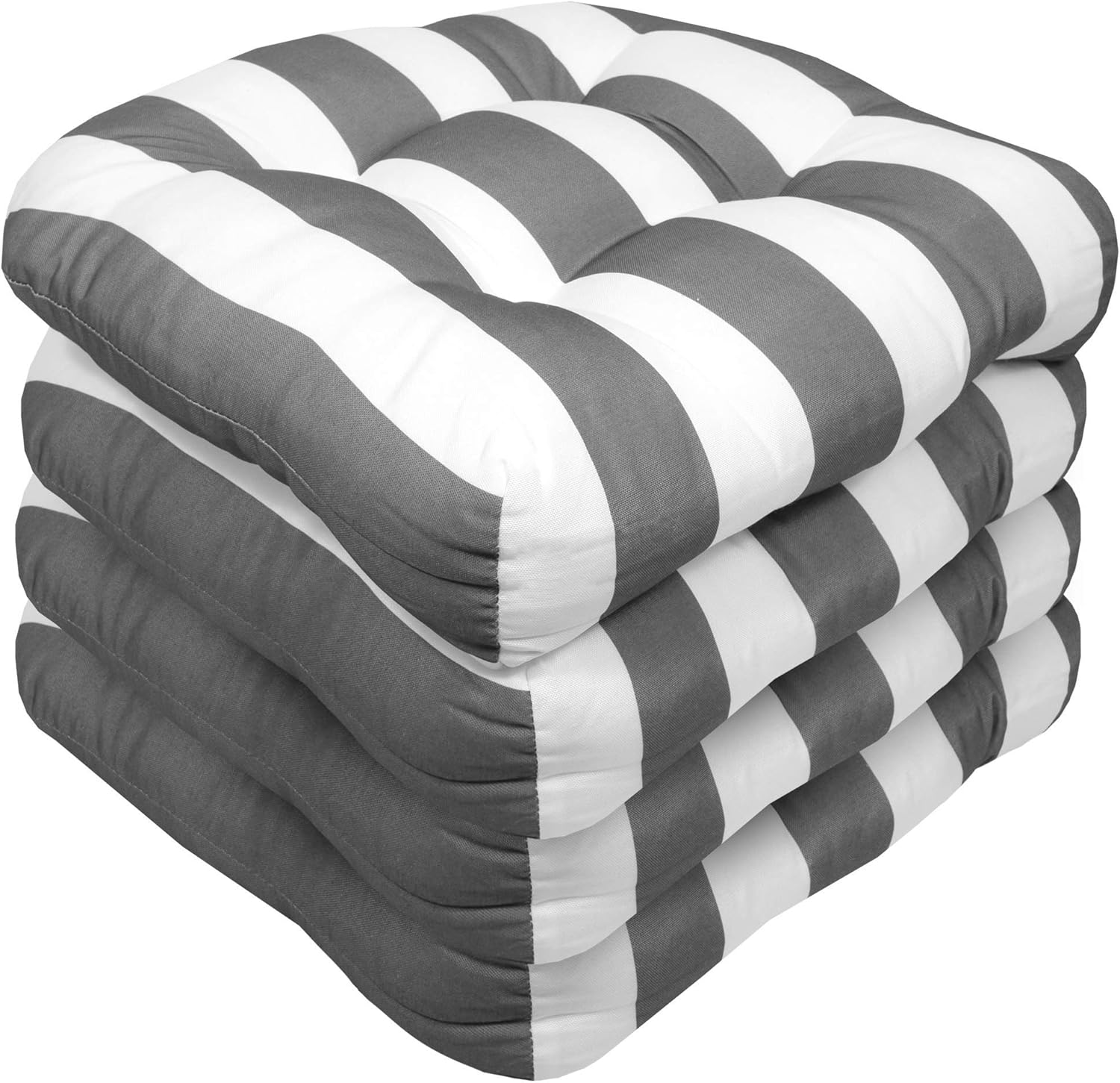 Sweet Home Collection Patio Cushions Outdoor Chair Pads Premium Comfortable Thick Fiber Fill Tufted 19" x 19" Seat Cover, 4 Pack, Havana Silver/White (Pack of 3)