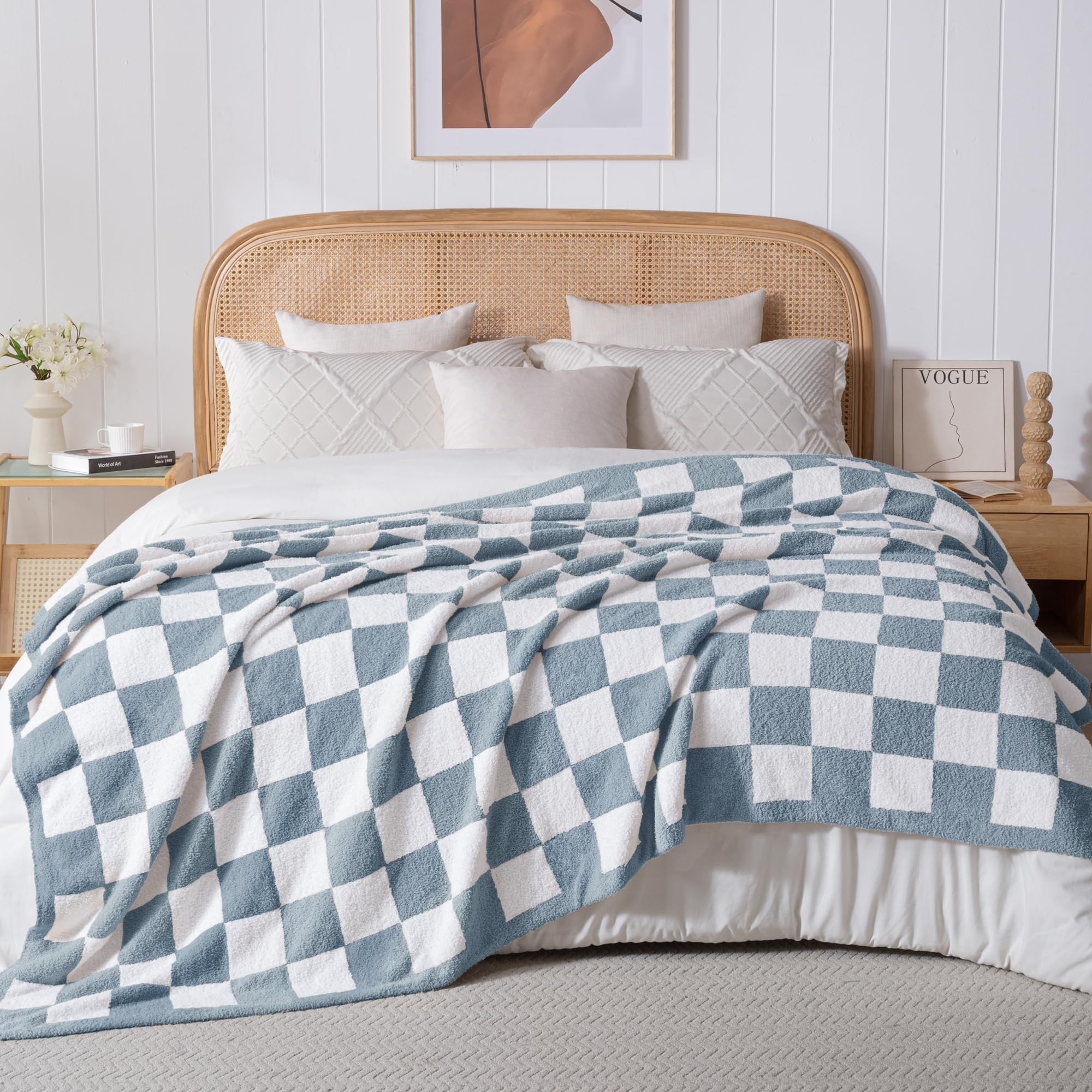 Exclusivo Mezcla Karierte Decke, Weiche Gestrickte Kuscheldecke, Kuschelige Karo Fleecedecke, Leichte Flauschige Decke für Sofa und Bett, 220x240 cm, Steingraublau