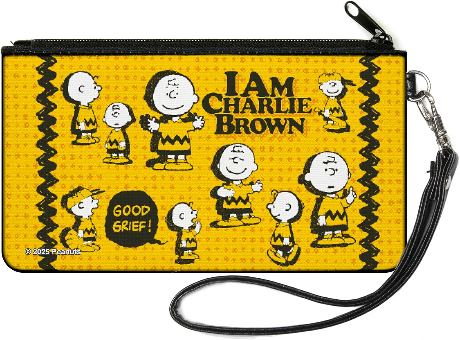 Buckle-Down Peanuts Wallet, Zip Clutch, Peanuts I Am Charlie Brown Poses and Zig Zag Stripe Yellows, Canvas