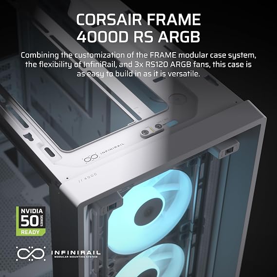 CORSAIR Frame 4000D RS ARGB Modüler Mid-Tower ATX Bilgisayar Kasası, 3x RS ARGB Fan, InfiniRail Fan Montaj, Ters Konnektör Uyumlu (CC-9011346-WW)