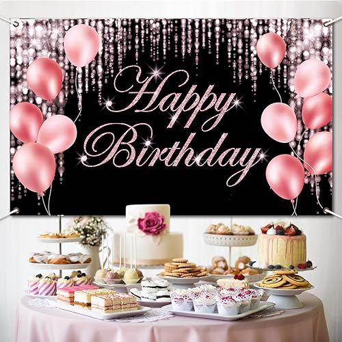 Miniatura 4 de Decoración rosa de feliz cumpleaños, telón de fondo grande de feliz cumpleaños para patio, baby shower, fiesta, decoración interior y exterior,