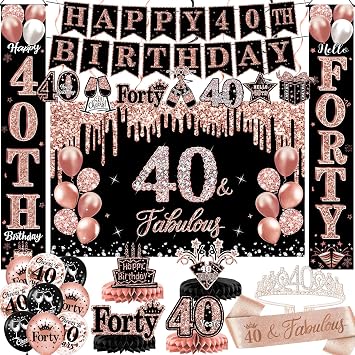 40th Birthday Decorations for Women, 38pcs Black Rose Gold Backdrop, Honeycomb Centerpieces, Banner, Hanging Swirls, Porch Banner, Balloons, Sash, Crown for 40 Years Old Birthday Decorations