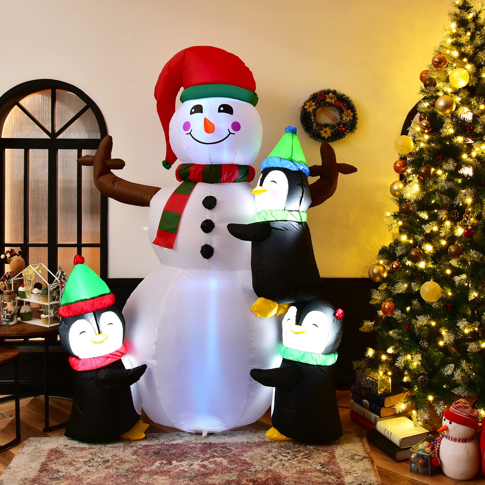COSTWAY 180 cm nadmuchiwany bałwanek z dmuchawą, 3 pingwiny, dekoracja bożonarodzeniowa LED, figurka bożonarodzeniowa do ogrodu, na podwórko, do salonu, na balkon