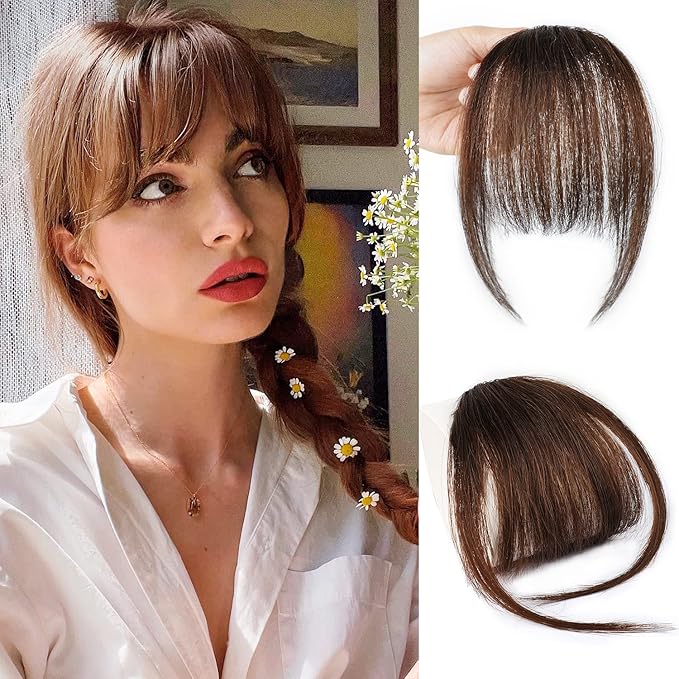 FREEMEIGE Clip in Bangs,100 Human Hair Clip on Bangs Brown Wispy Bangs Air Bangs