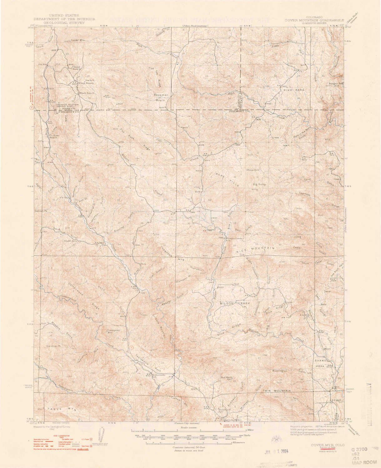 YellowMaps Cover MTN CO topo map, 1:62500 Scale, 15 X 15 Minute, Historical, 1948, 20.7 x 16.9 in - Polypropylene