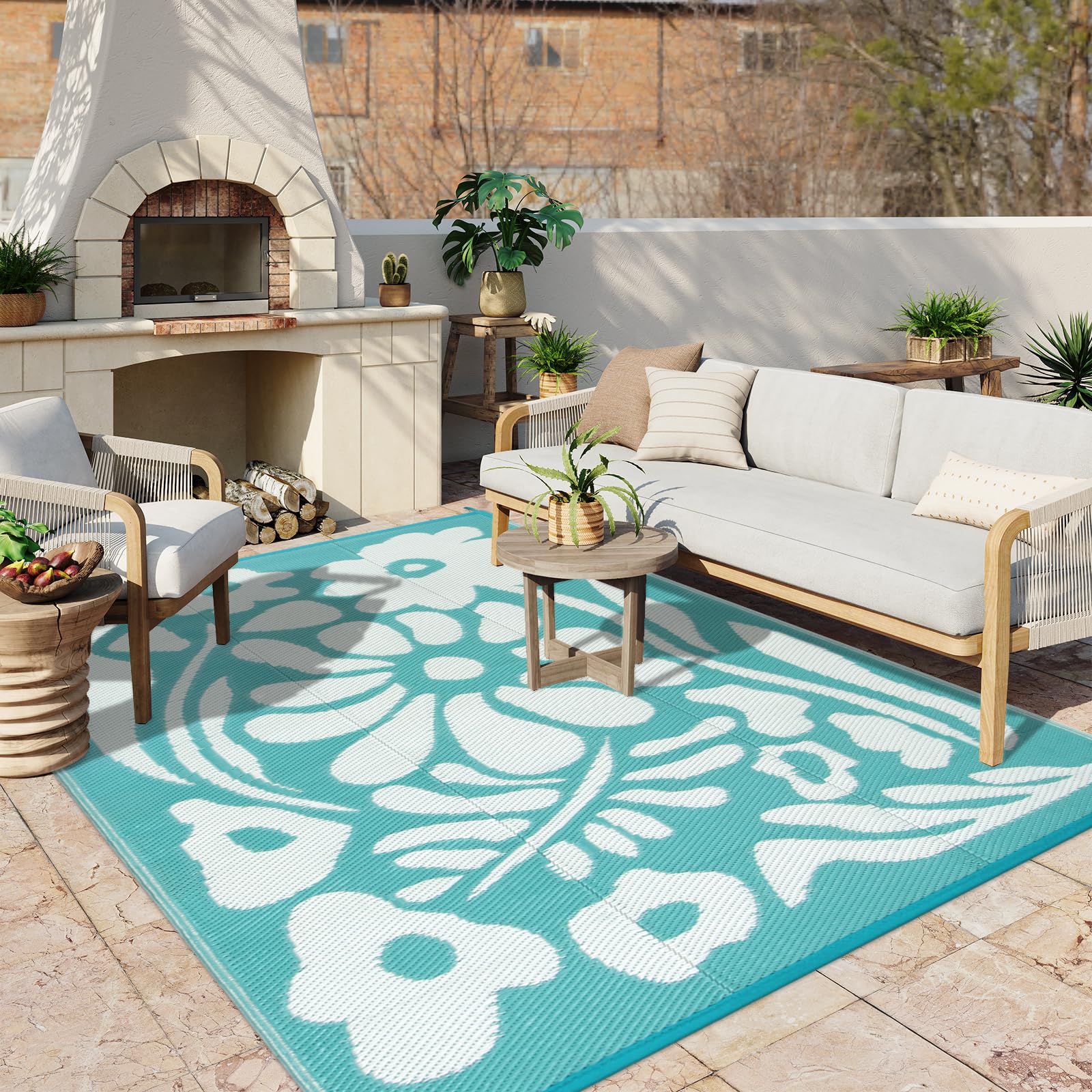 Uphome Outdoor Rugs 8x10 Waterproof, Reversible Blue Floral RV Camping