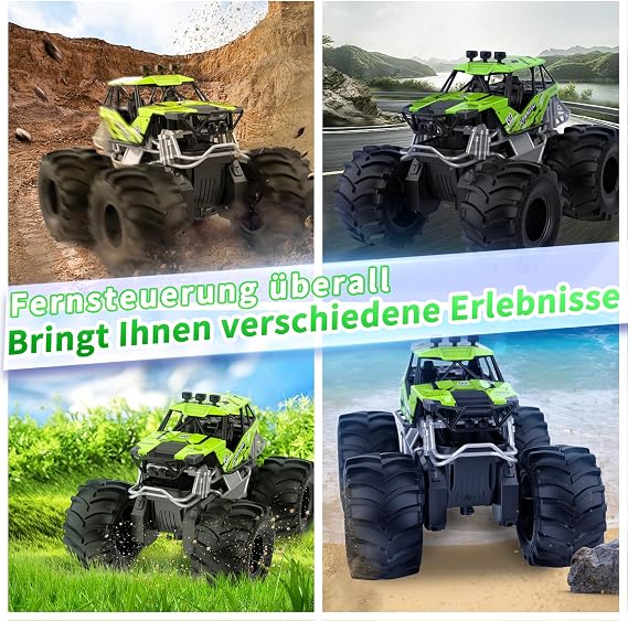 Carox Amphibienfahrzeug Ferngesteuertes Auto, 2.4 Ghz 1500mah RC Auto, Wasserdicht Monstertruck Auto Car Pool Strand Spielzeug für Kinder ab 6 Jahre OX21GRE