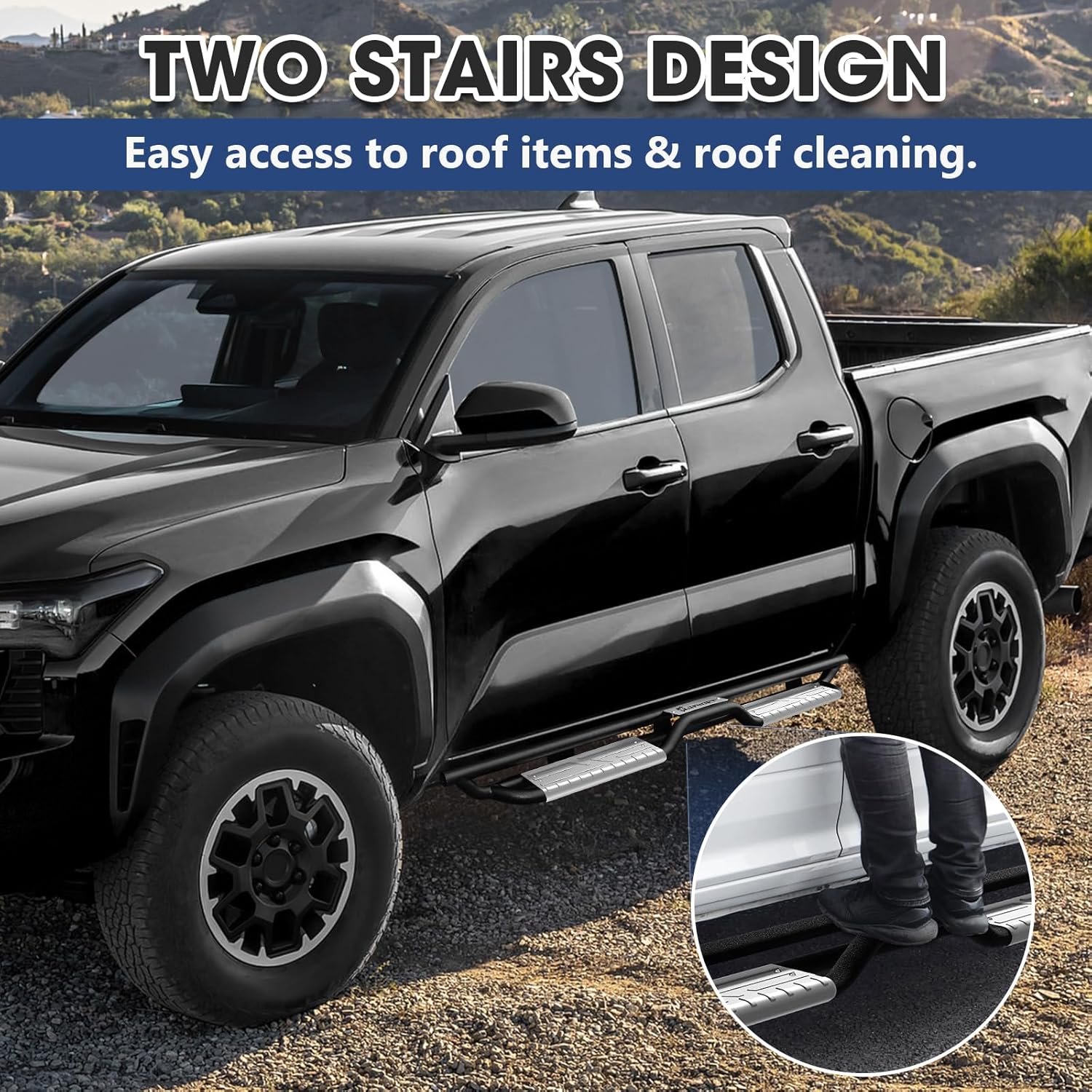 Sanooer 6-Inch Running Boards for 2024-2026 Toyota Tacoma Double Cab Pickup 4-Door, Black Carbon Steel Two Stairs Design Side Steps Nerf Bars (Silver Steps)