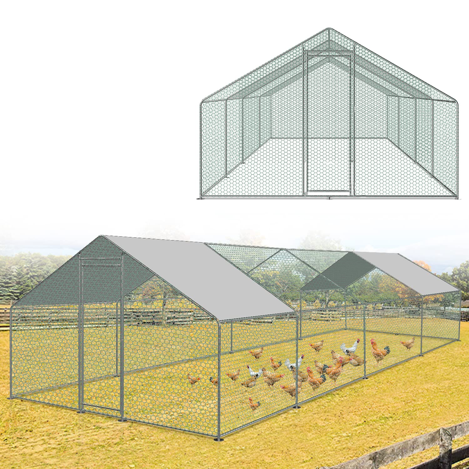 Sonnewelt Freilaufgehege 3x8x2m Hühnerstall Verzinkter Stahl Kleintierstall Hühnerhaus Dach Geflügelstall mit Sonnenschutzdach und Tür für Haustierkäfig Hühnerkäfig Vogelkäfig Kleintiere Pflanzen