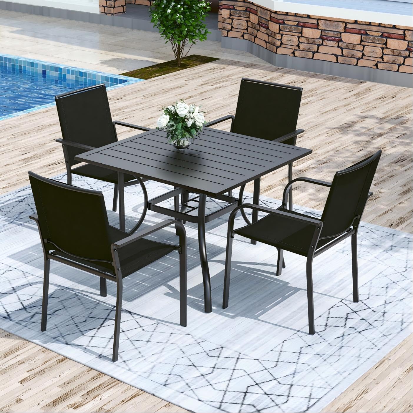 Anmutig 5 Piece Patio Dining Set, 35" Square Table &amp; Stackable Chairs Black