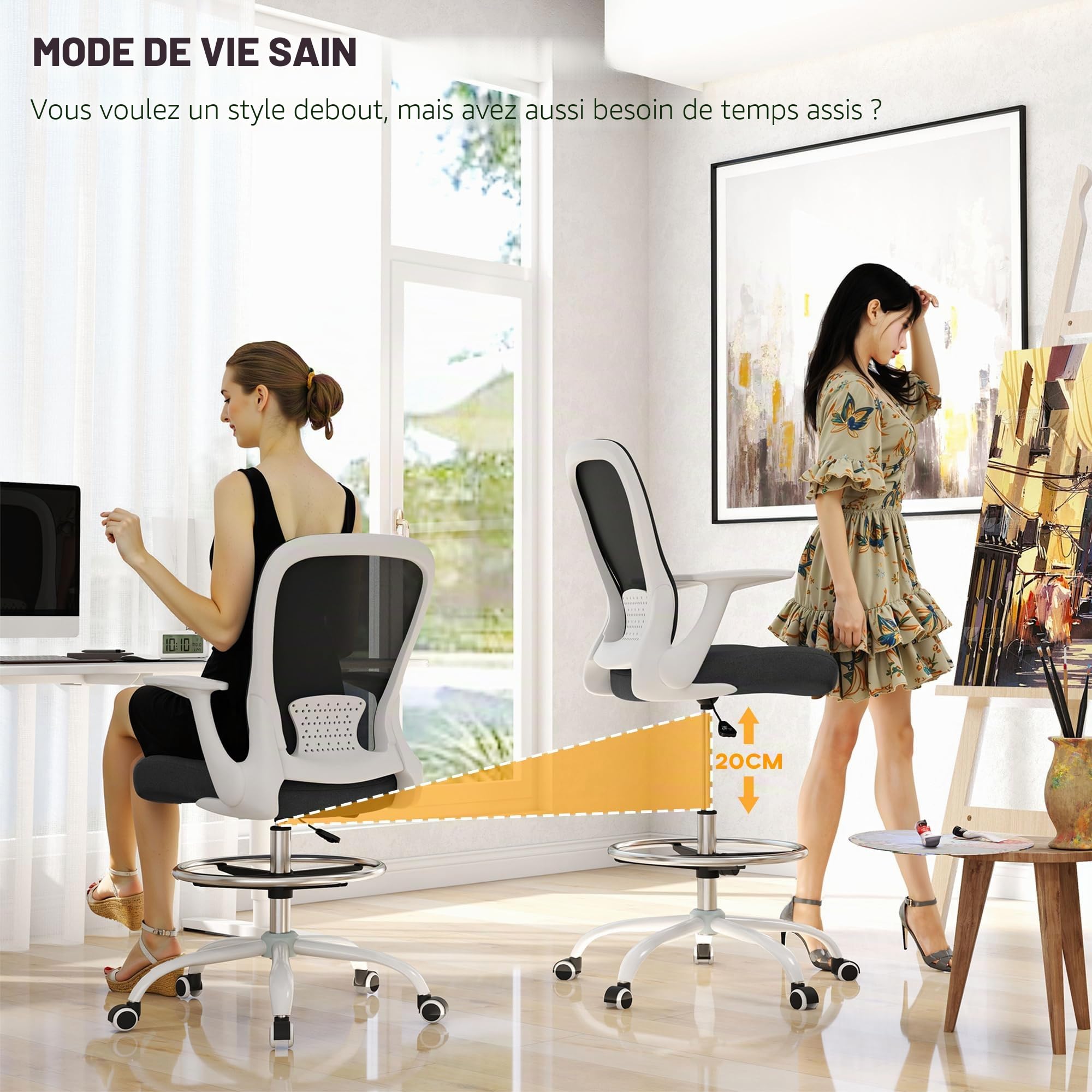 HOMCOM Chaise de bureau haute ergonomique avec accoudoirs rabattables, dossier en maille, soutien lombaire, anneau de pied réglable, roues pivotantes, pour bureau debout, noir et blanc