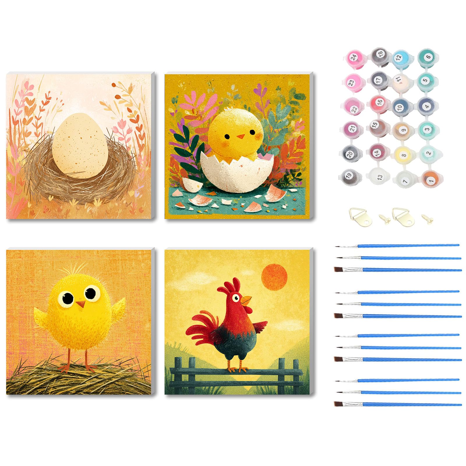 NANJDIAN Wooden Framed 4 Pack Paint by Number for Kids,DIY Painting Kits for Children Ages 8-12,Color by Numbers Acrylic,Paint by Number Canvas Crafts Watercolor for Beginner Home Decor (Chicken)