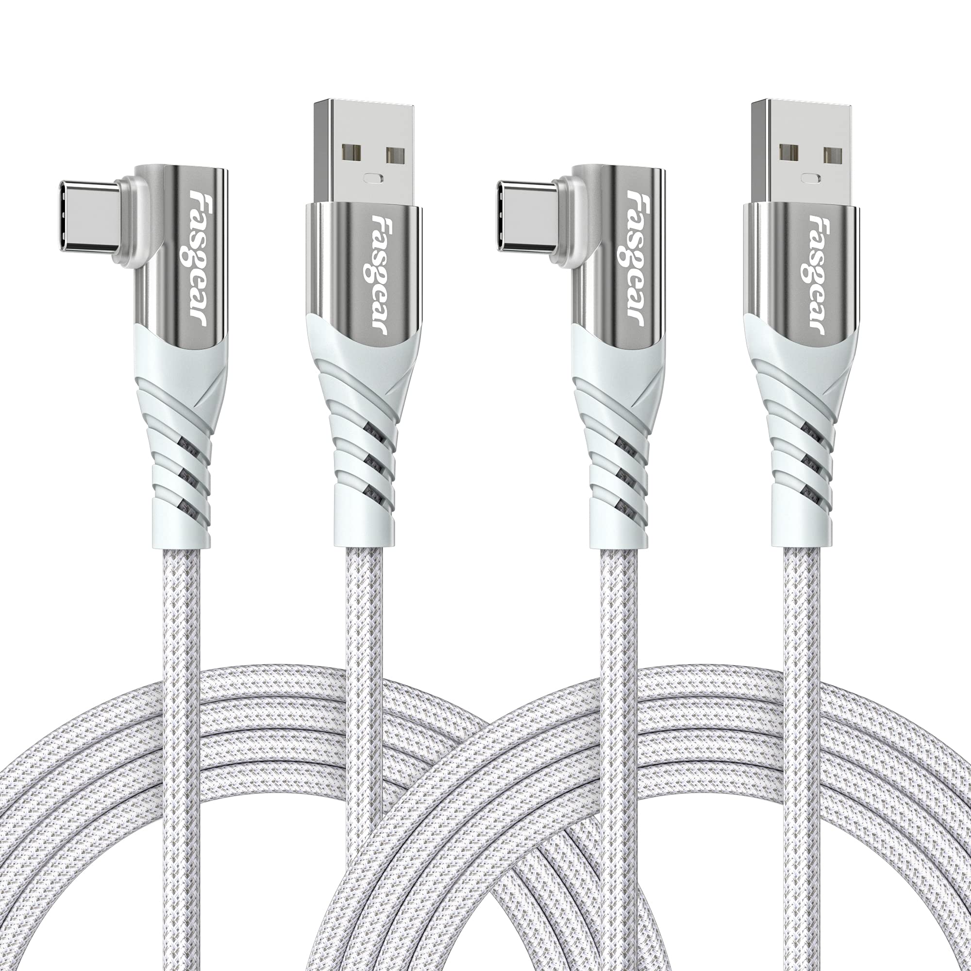 Fasgear USB C Cables 2 Pack 6ft 3A Fast Charging Type C to USB A Cord Nylon Braided Right Angle 480Mbps Compatible for Galaxy A10e S21 Plus Note 20,