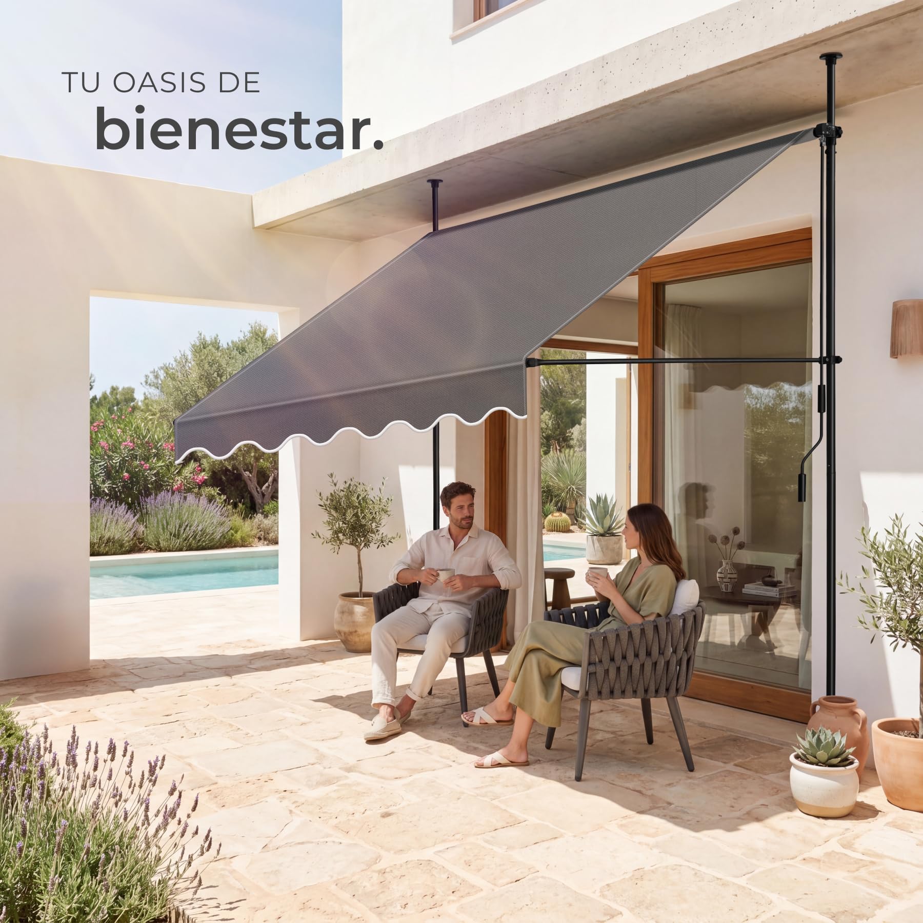 tectake® Toldo Terraza Manual Regulable en Altura con Manivela, Toldo Balcón sin Taladros, Extensible Terraza, Resistente a Rayos UV, Protección Solar y Repelente al Agua - 200 cm - Negro/Gris