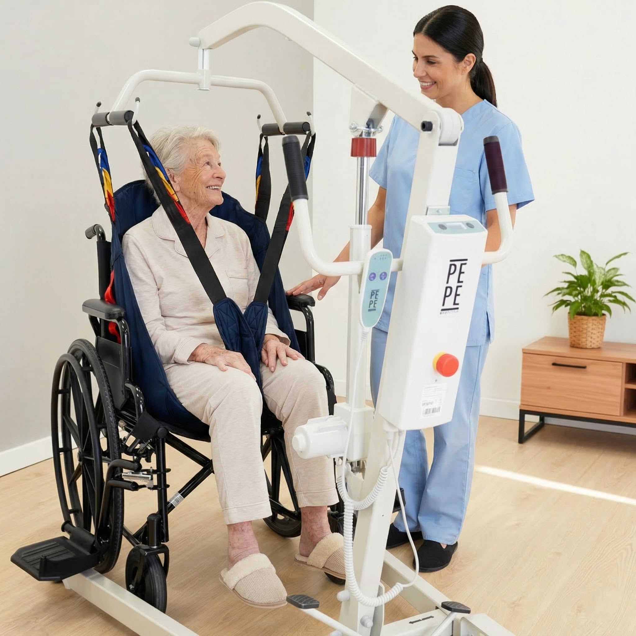 PEPE Mobility Grúa para Personas Mayores Eléctrica (hasta 150 kg), Arnés de Transferencia Incluido, Ancho Ajustable, Ruedas con Bloqueo Seguridad